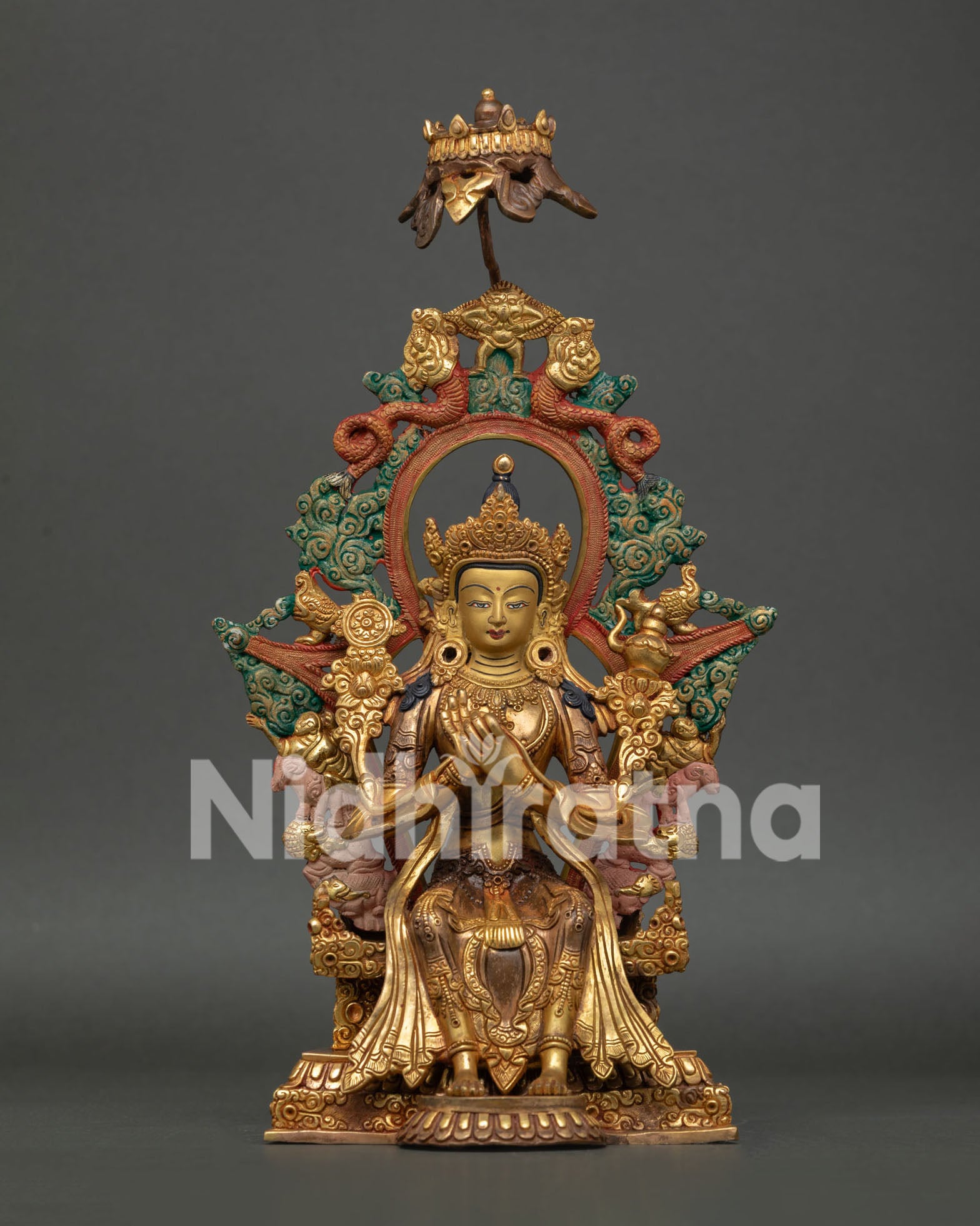 Maitreya Buddha statue in gold fire gilded copper from Patan Nepal.