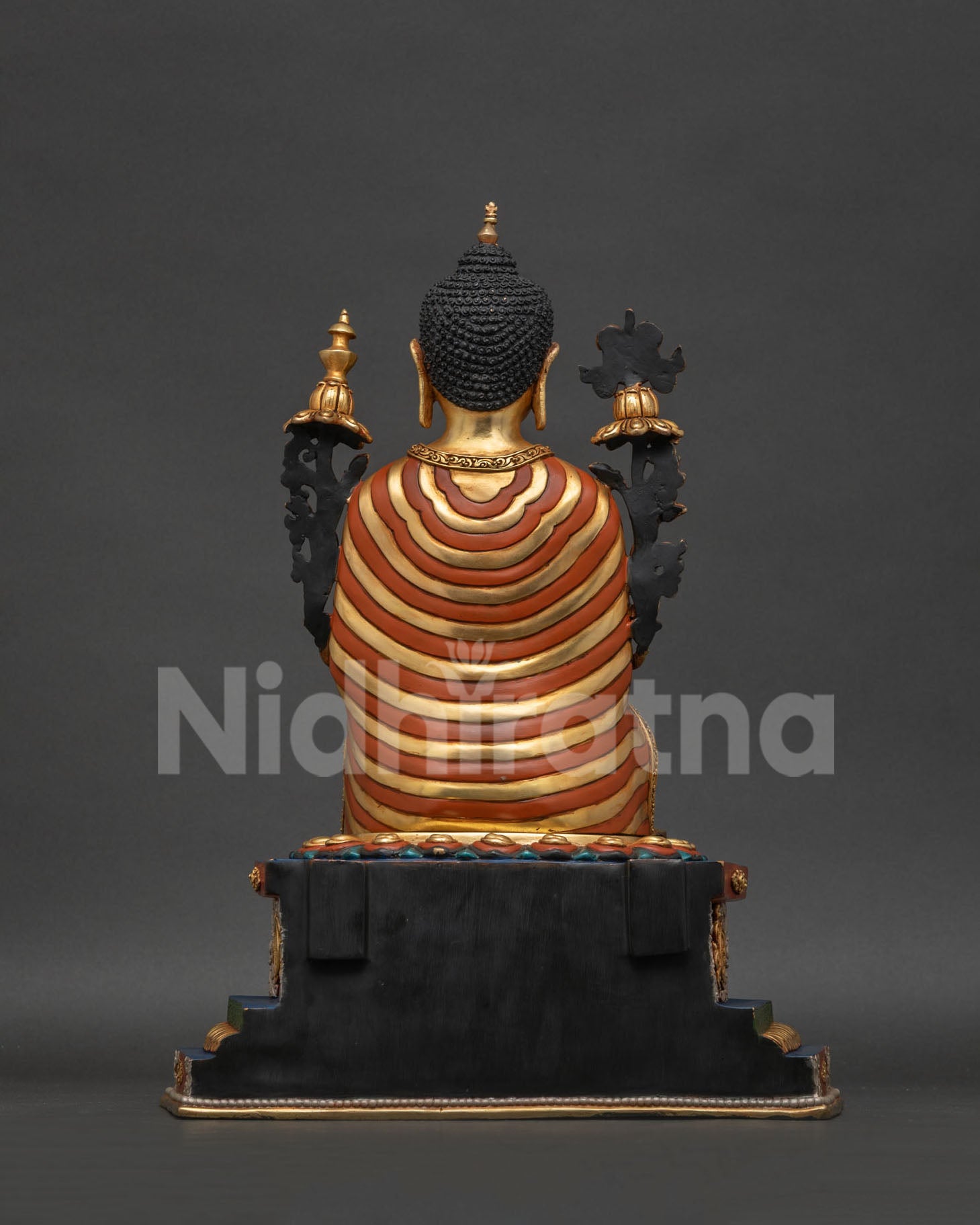 Maitreya Buddha statue rear three-quarter view with detailed back and throne