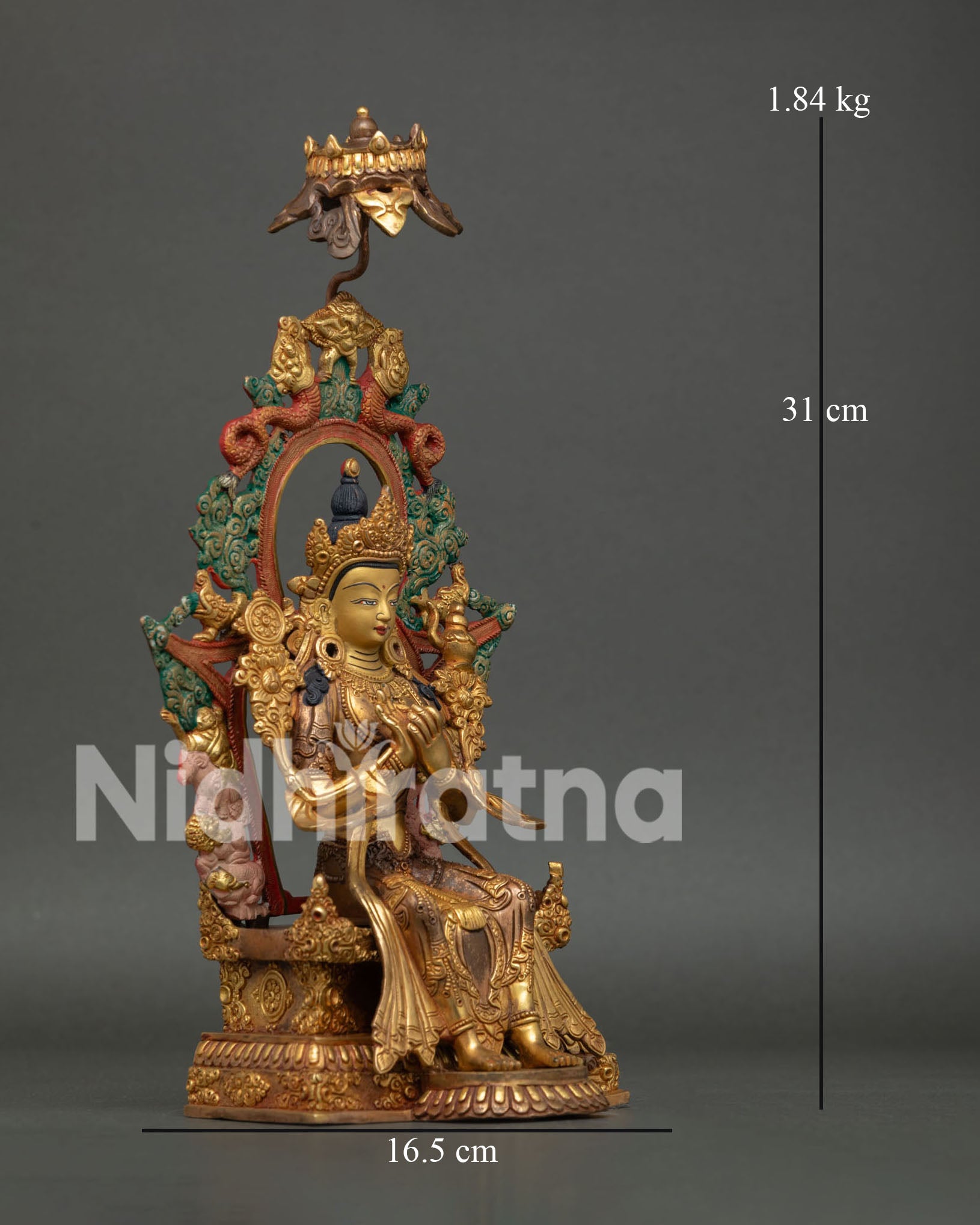 Maitreya Buddha statue with gold painted face and Dharmachakra Mudra.