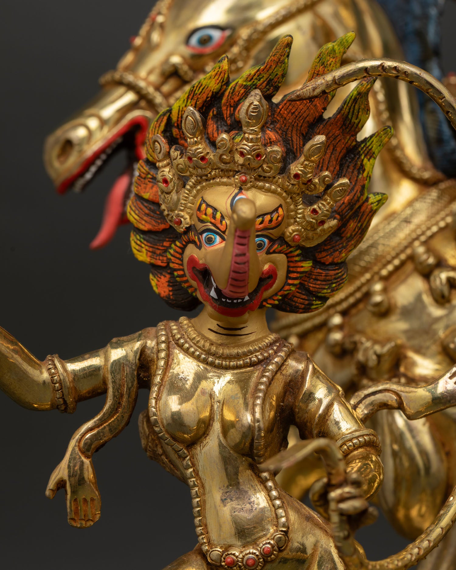 Makaravaktra Attendant Close Up, Wrathful Protector Figure in Copper Fire Gilded Detail Nepal