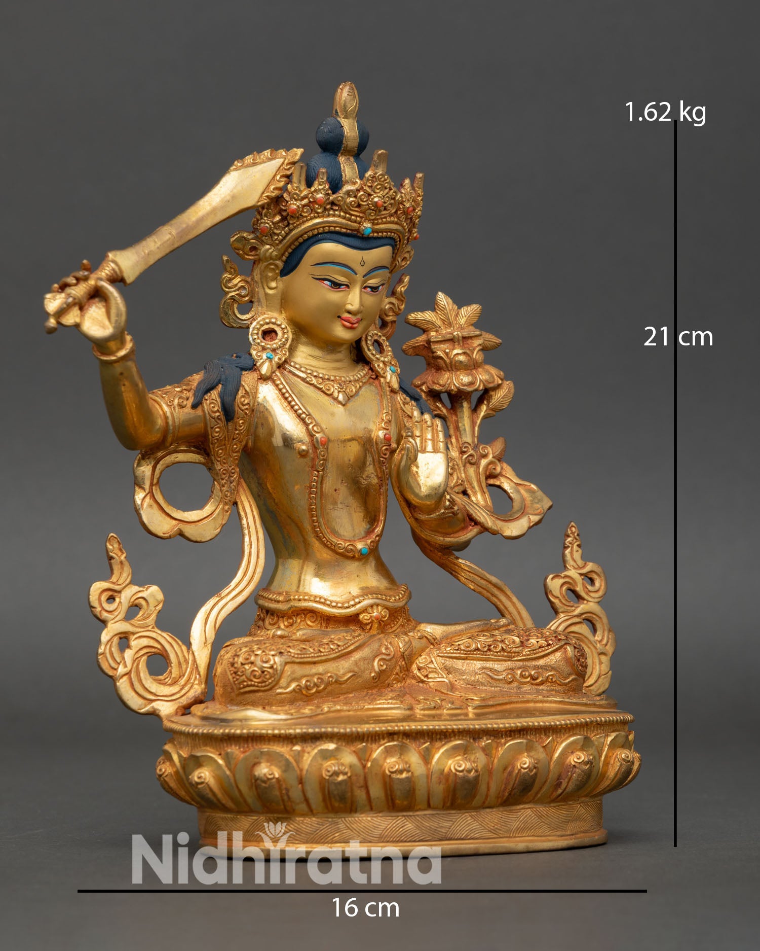 Manjushree side view holding flaming sword lotus Prajnaparamita sutra gold gilded copper statue spiritual meditation decor Nepal