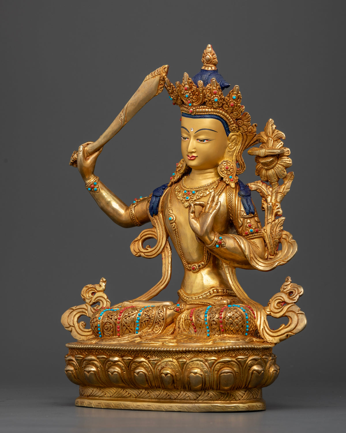 Manjushri Buddhist Statue Holding Flaming Wisdom Sword and Lotus