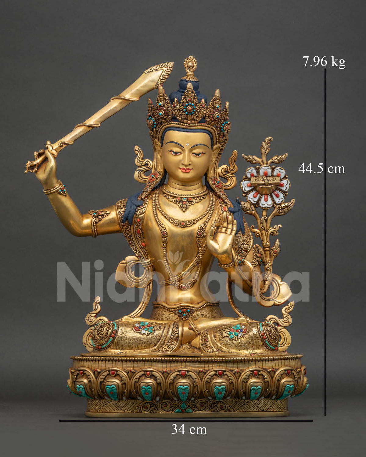 Manjushri Copper Statue front view with flaming sword and wisdom lotus, handcrafted Buddhist art