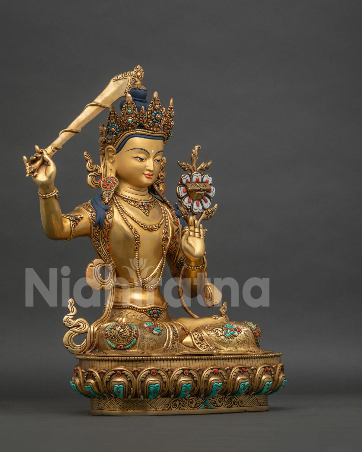 Manjushri Copper Statue right side view, Himalayan Buddhist wisdom sculpture