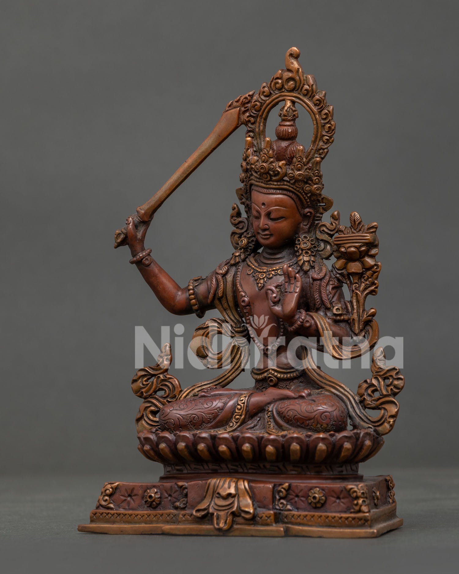 Manjushri copper statue with hand-carved floral silk garment and Five-Wisdom diadem