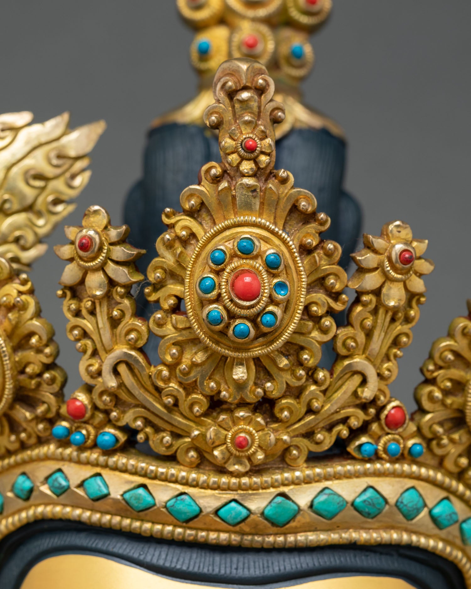 Manjushri crown detail, turquoise and coral inlay jeweled headdress