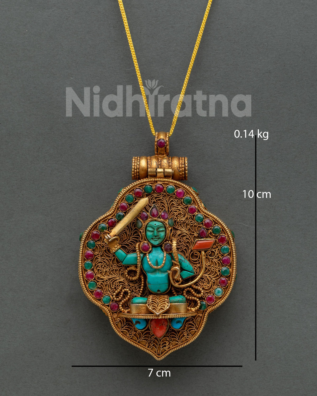 Manjushri Ghau Mala gold-gilded Tibetan prayer box pendant on yellow cord, front view