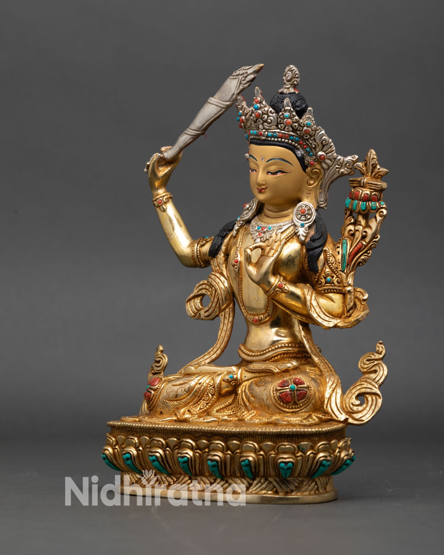 manjushri left side view, handcrafted bodhisattva sculpture with intricate details