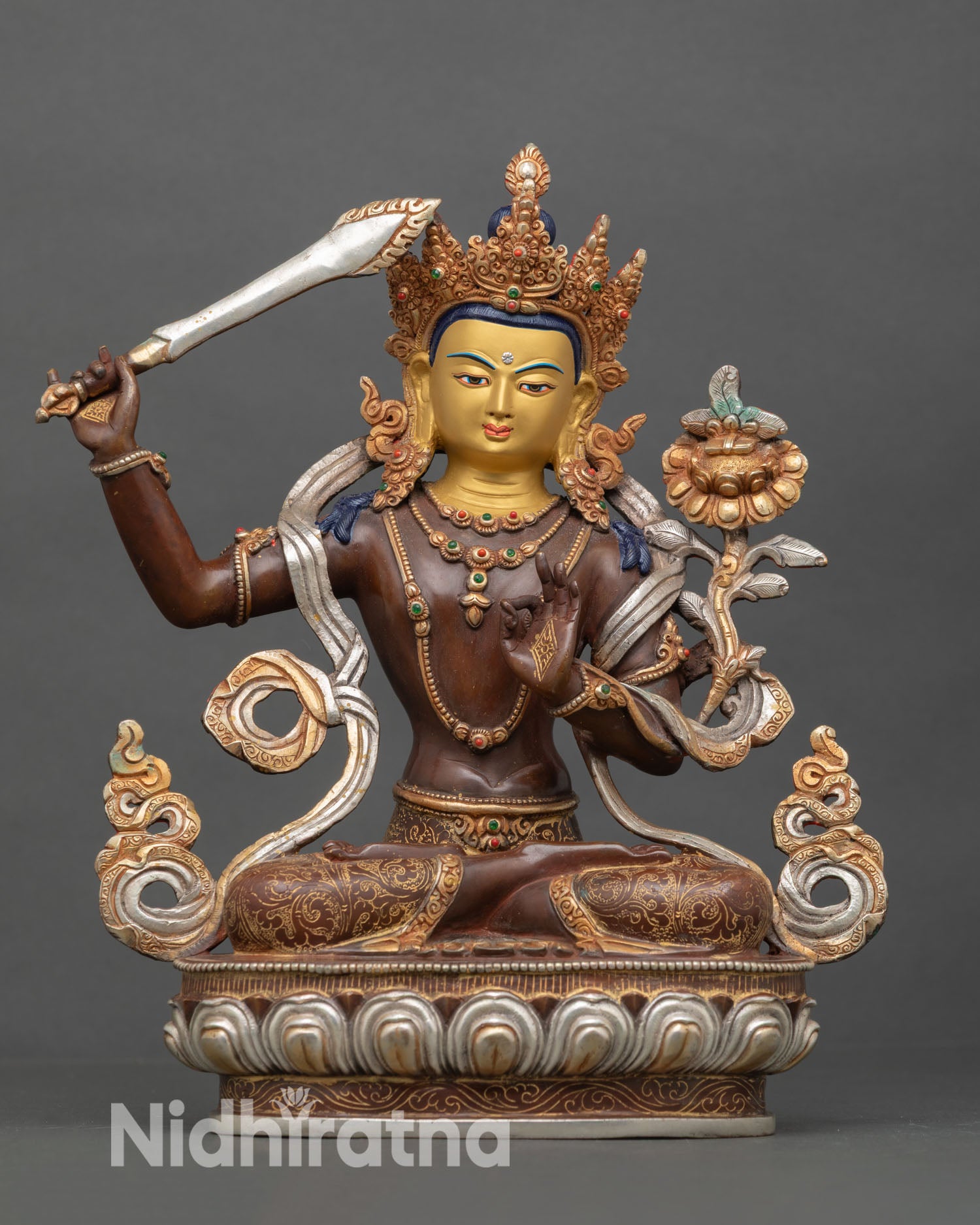 manjushri oxidized statue front view, handcrafted copper buddhist art from nepal