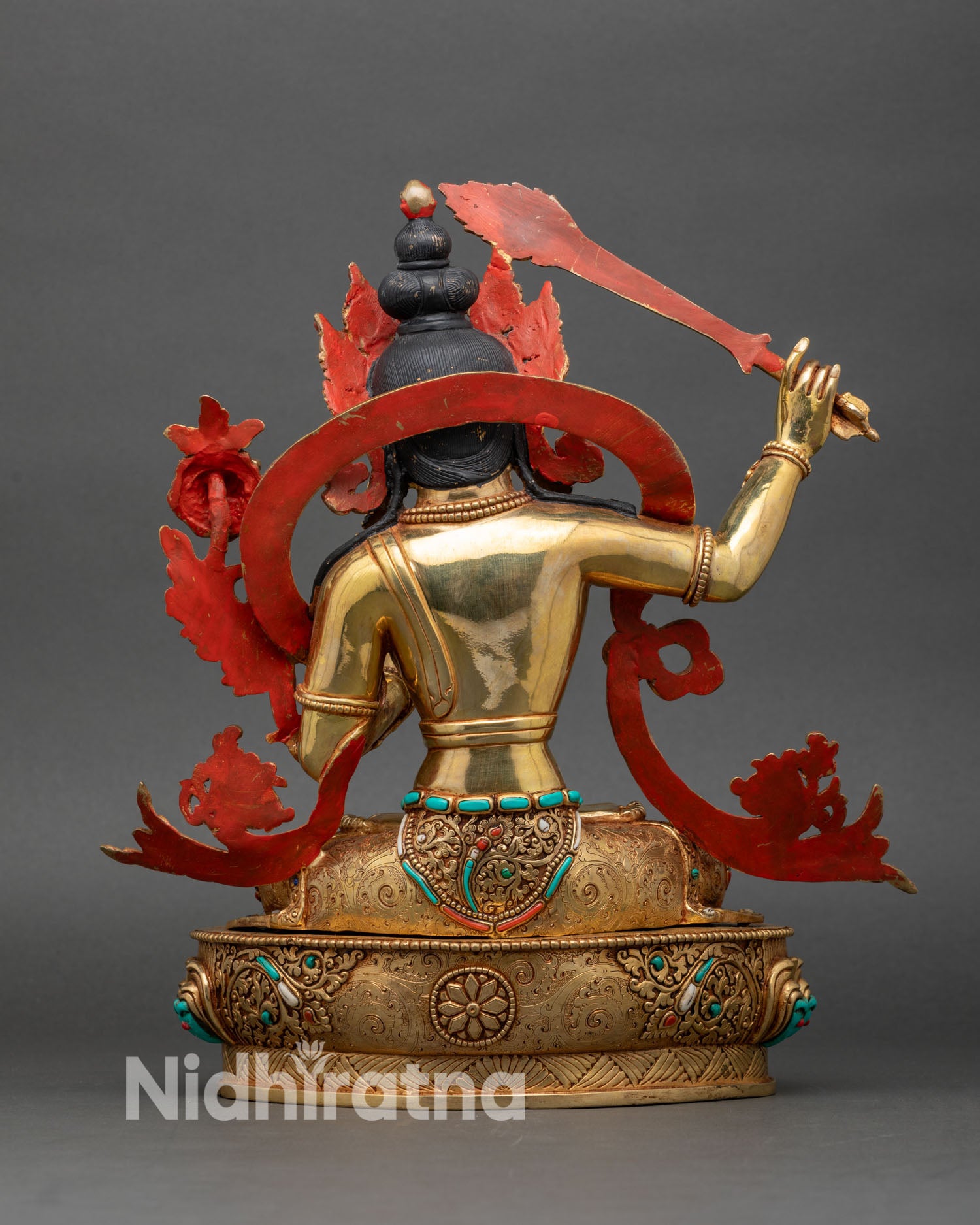 Manjushri Statue Back View, Lotus Base, Ornate Repoussé Details