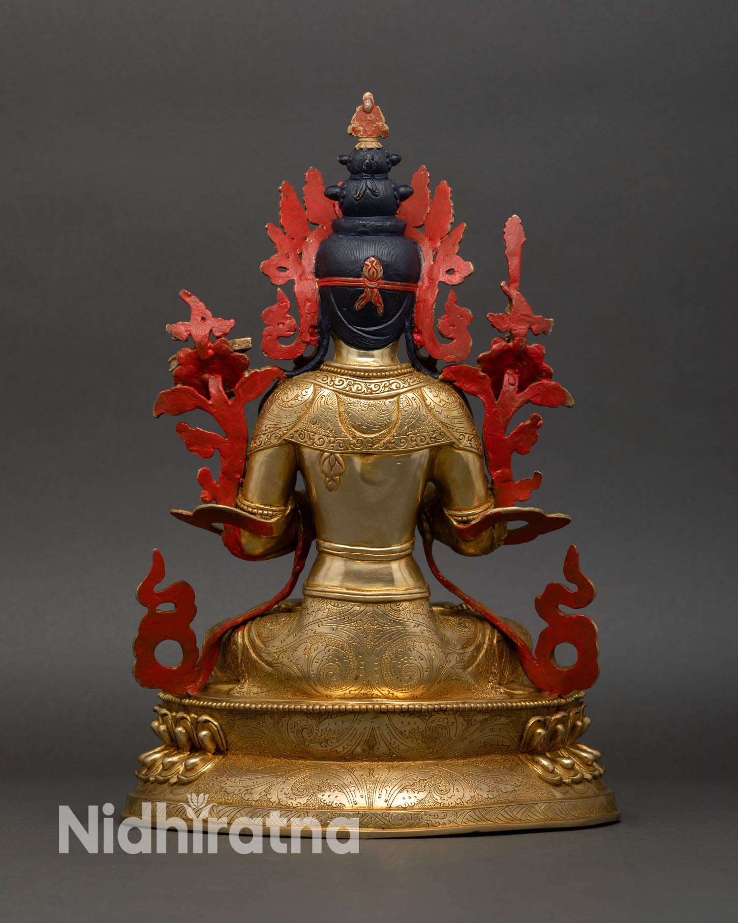 Manjushri statue back view lotus pedestal sacred symbols double lotus throne Buddhist spiritual decor