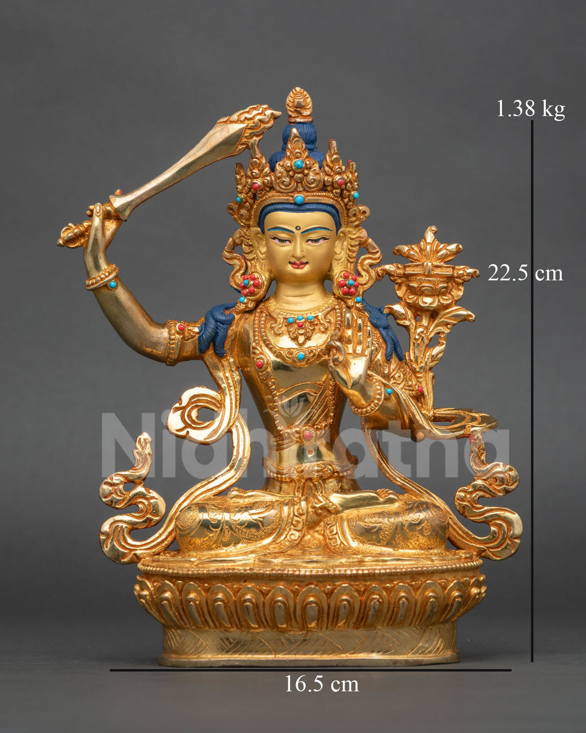 Manjushri Statue Buddhist altar decor from Nepal with 24K gold gilded finish