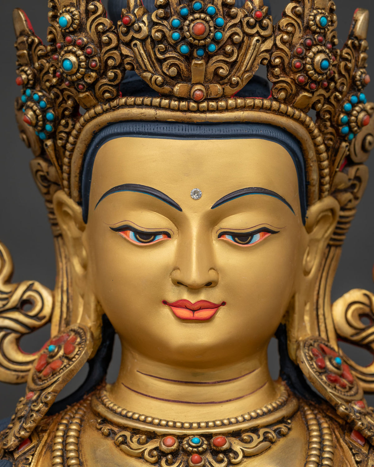 Manjushri Statue face close-up, hand-painted serene Bodhisattva expression