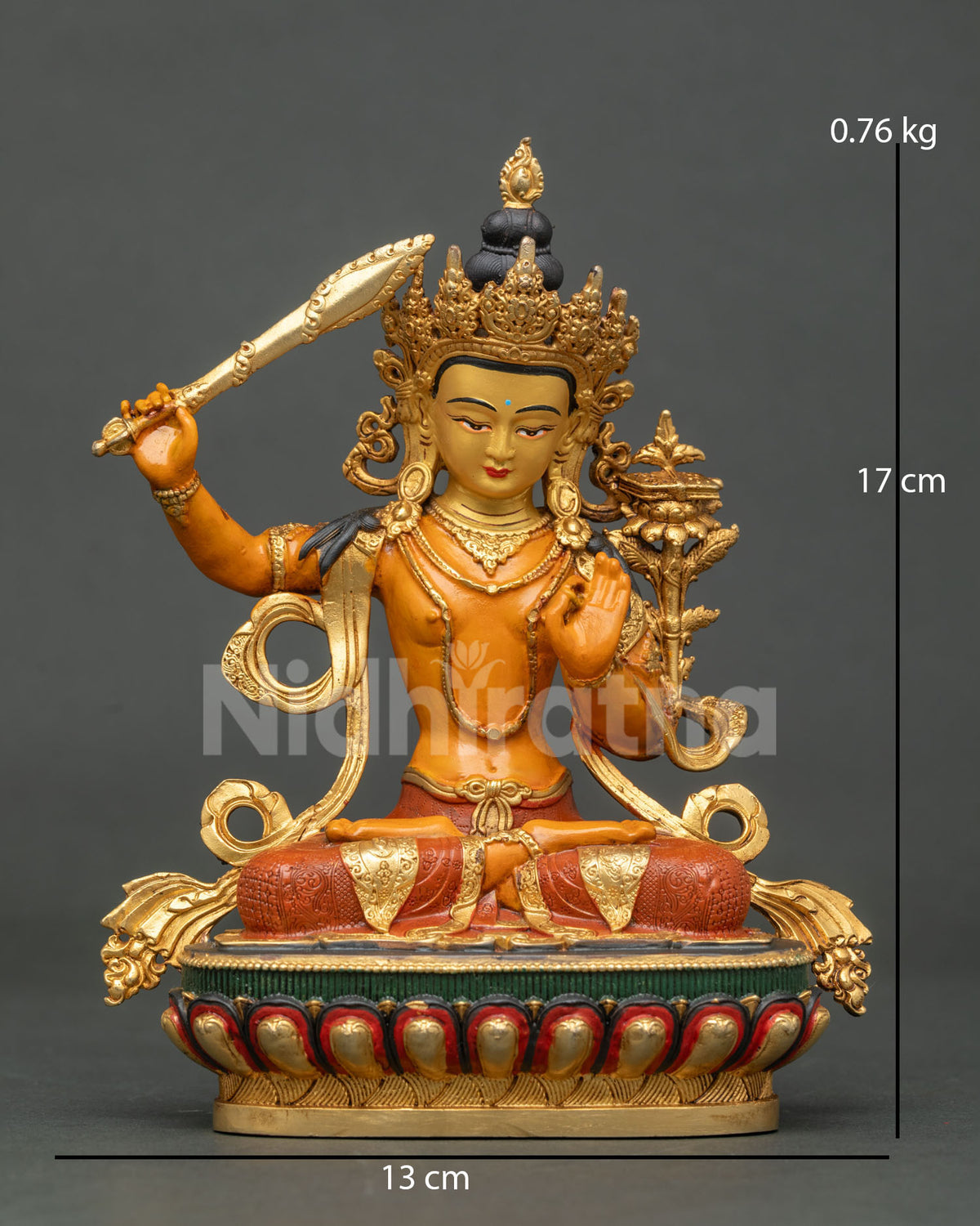 Manjushri statue flaming sword of wisdom lotus pedestal.