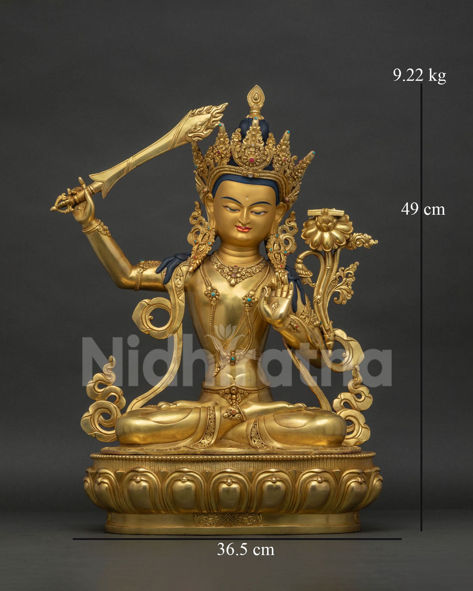 Manjushri Statue front view, 24K gold gilded copper sculpture handmade in Nepal