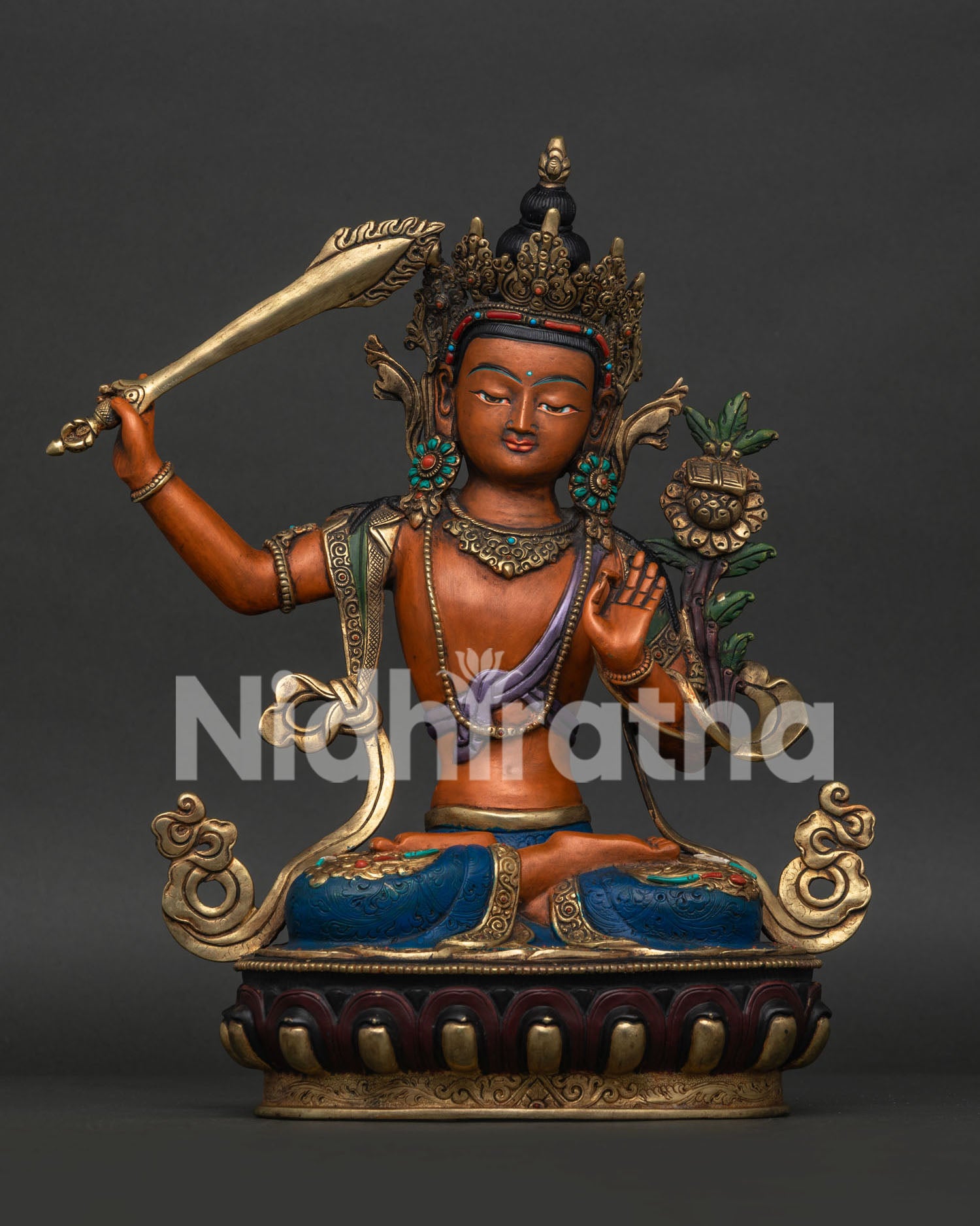 Manjushri Statue Front View Gold Gilded Copper Buddhist Wisdom Sculpture from Nepal.
