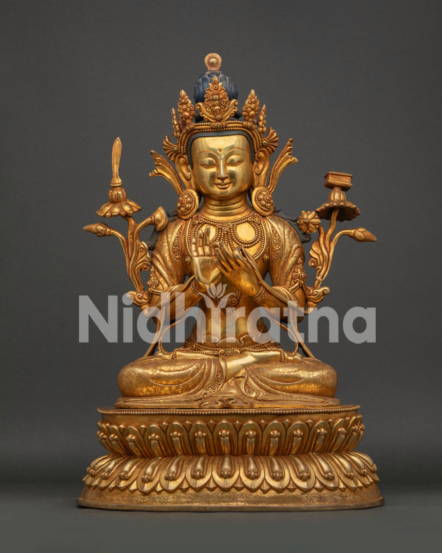 Manjushri statue front view handmade Tibetan Buddhist wisdom deity sculpture from Nepal