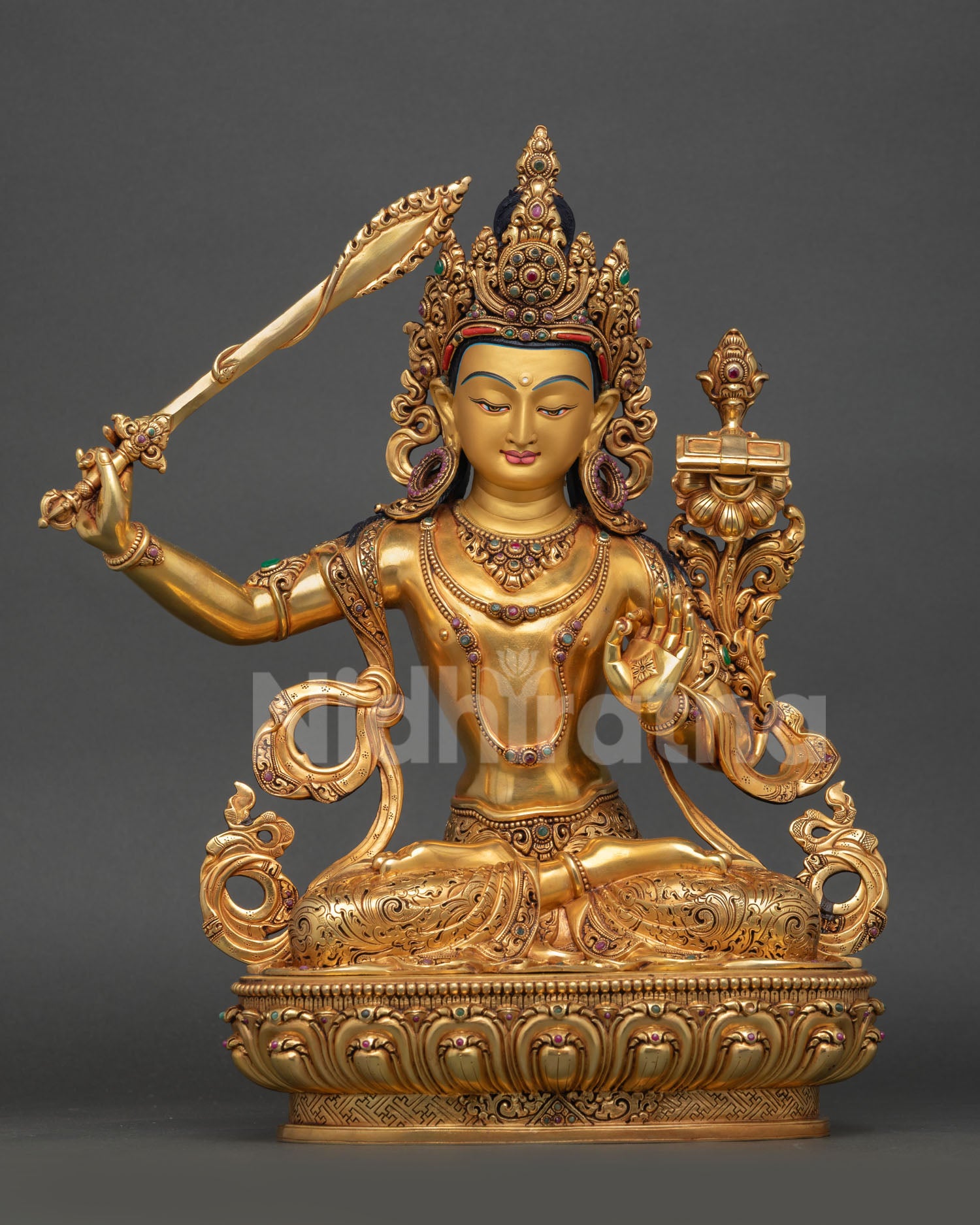 Front view: Manjushri statue hand carved Nepal copper gold gilded lotus throne sword wisdom