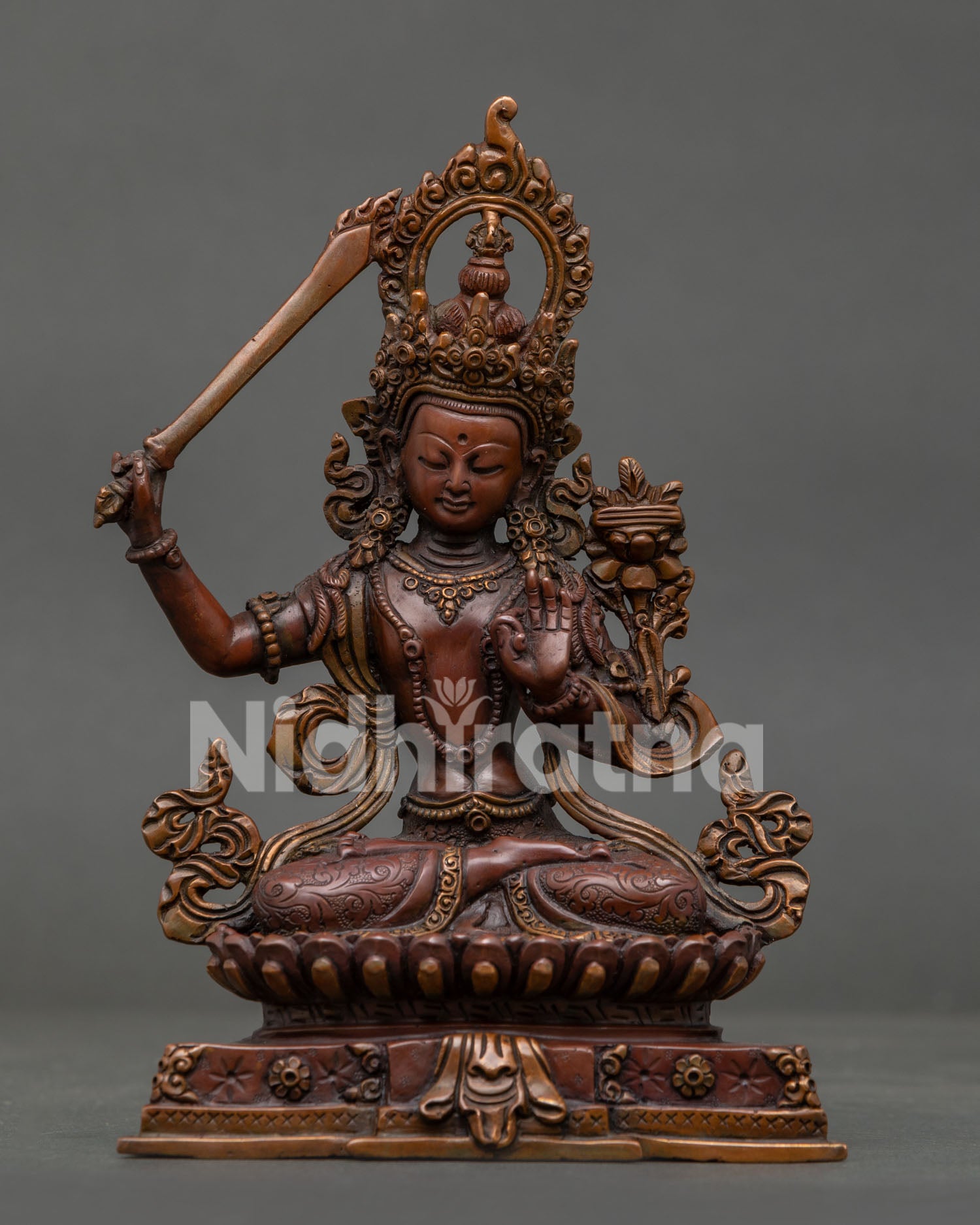 Manjushri statue handcrafted by Newari artisans in Patan Nepal oxidized copper.