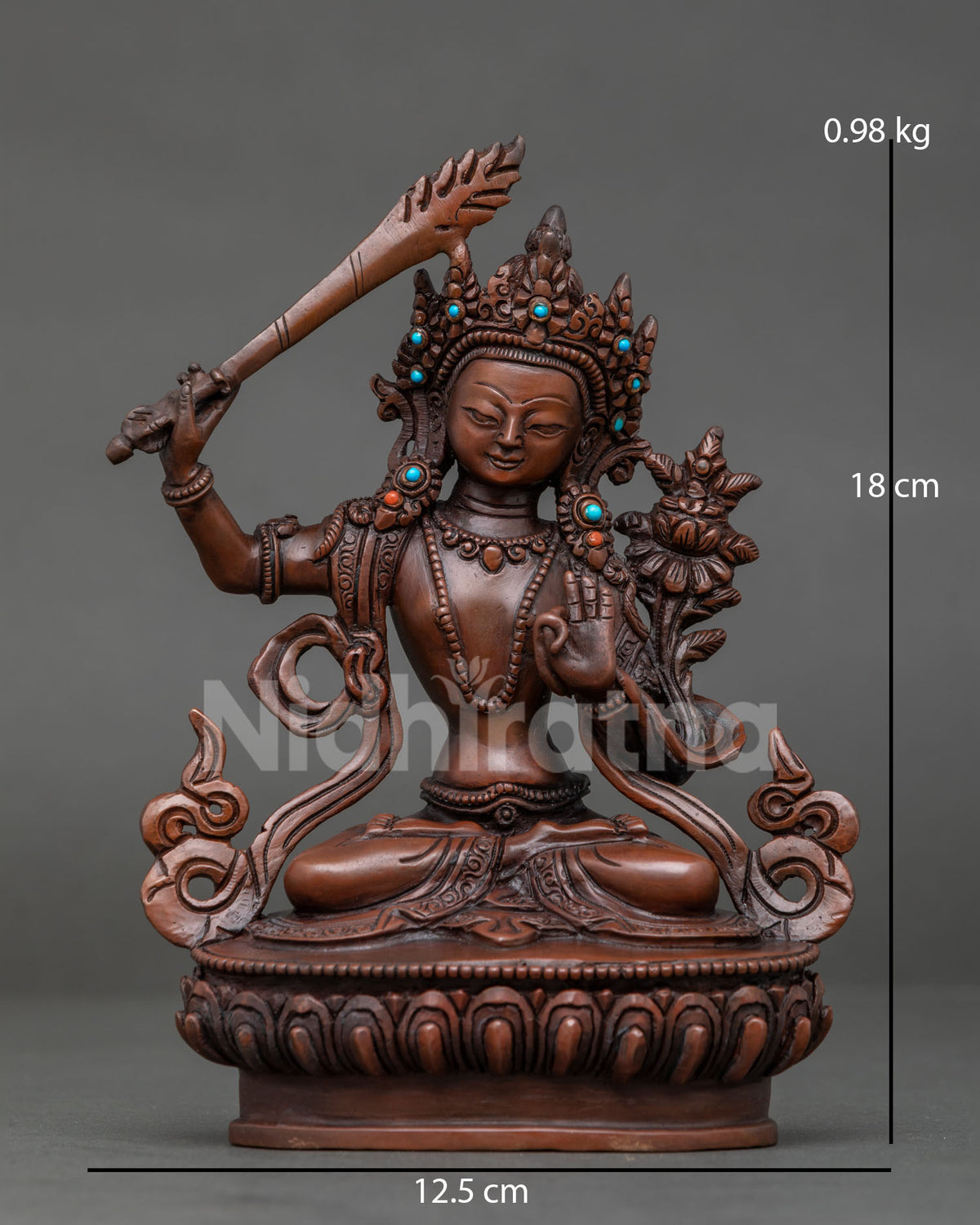 Manjushri statue handcrafted by newari artist in patan nepal with oxidized copper finish.
