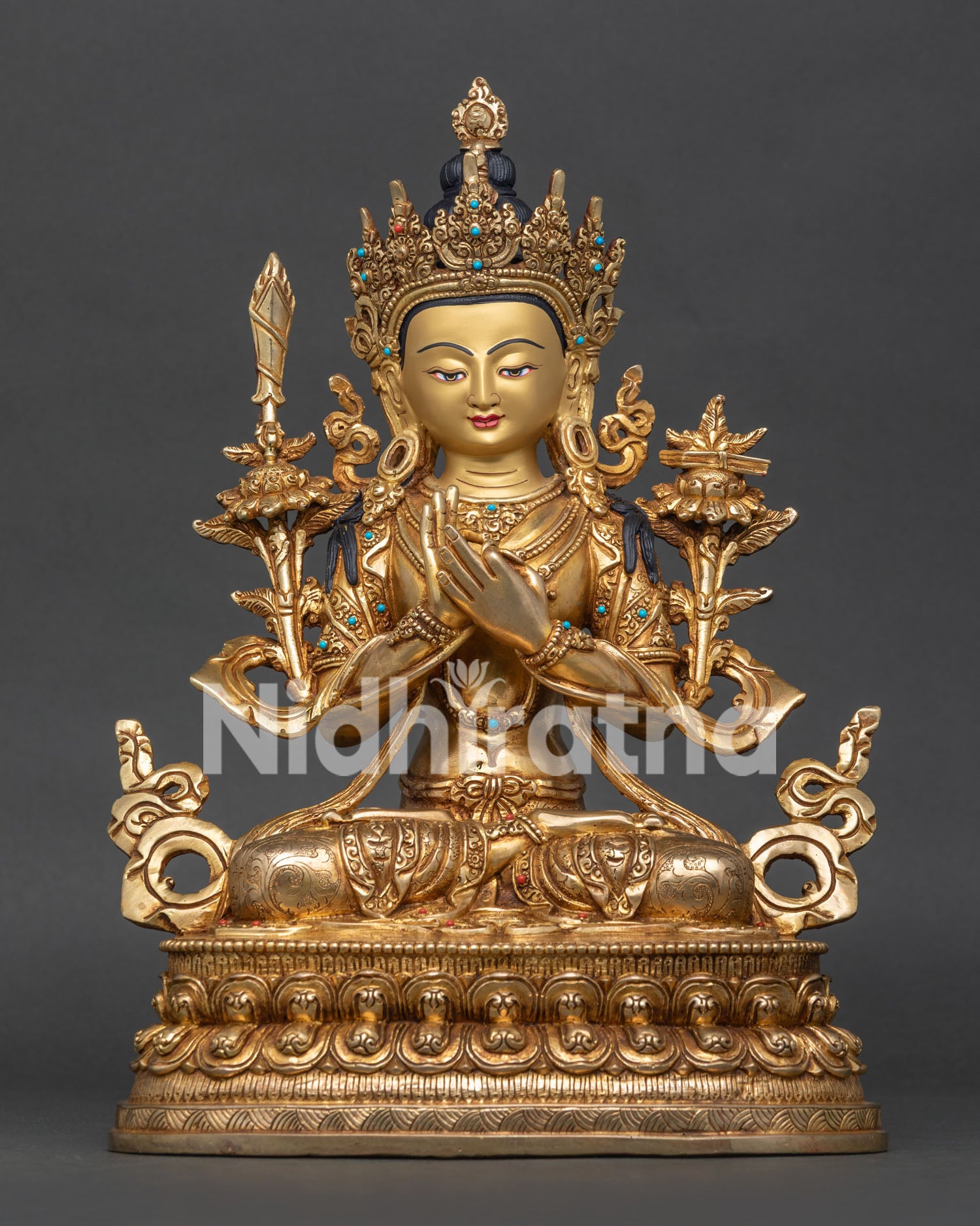 Manjushri Statue handcrafted in Nepal with 24K gold fire gilding and semi-precious stone inlays