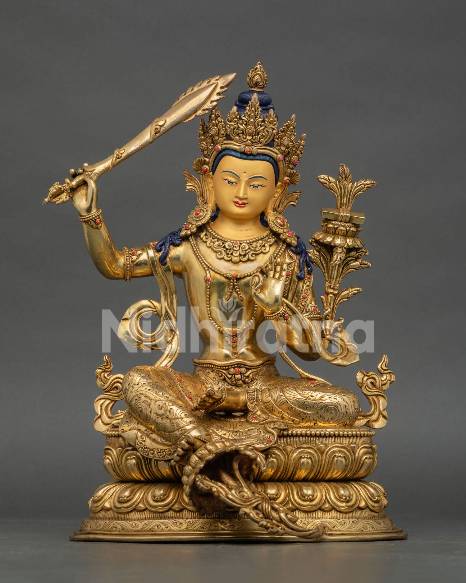 Manjushri Statue, handcrafted in Nepal with 24K gold gilding and semi precious stone inlay