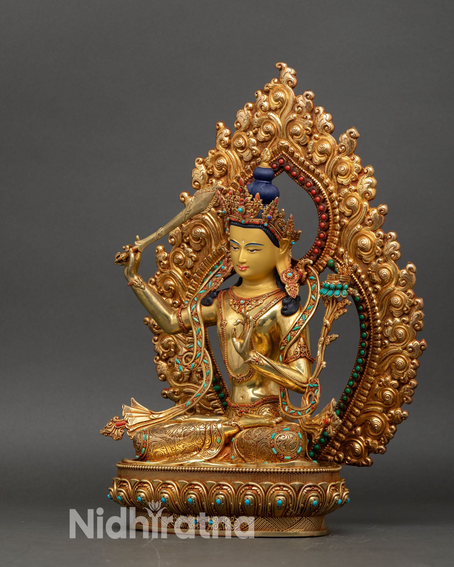 manjushri statue left view, four arm bodhisattva handcrafted sculpture
