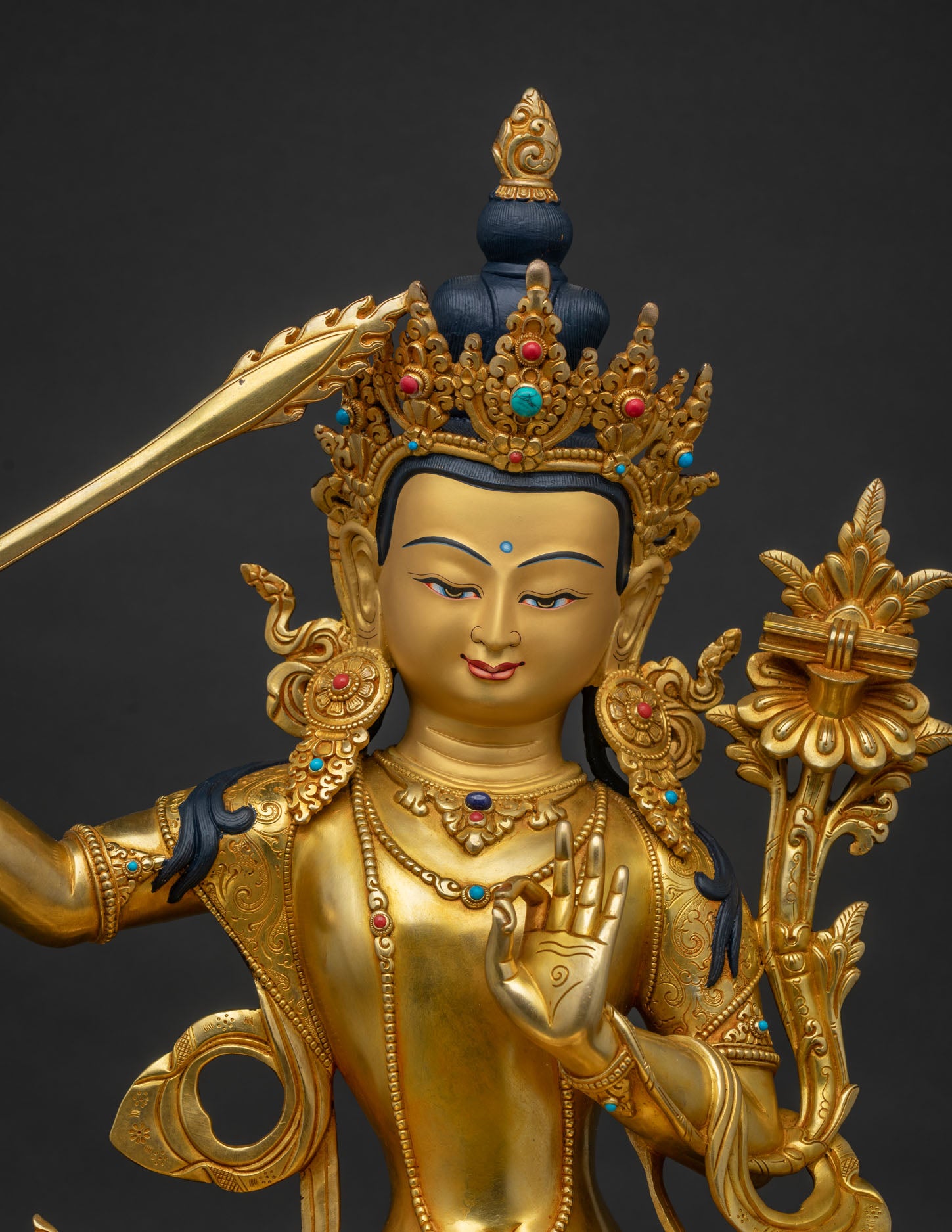 Manjushri Statue right side view, handcrafted copper Buddhist deity sculpture