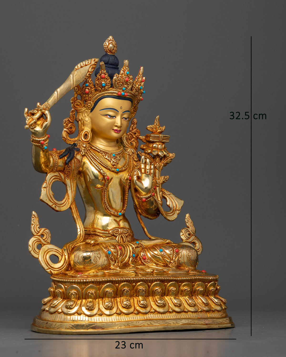Manjushri statue right view flaming sword of wisdom Prajnaparamita Sutra double lotus pedestal.