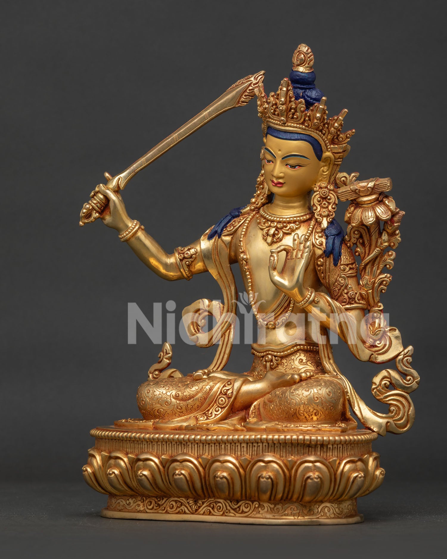 Manjushri with five jewel crown and intricate Himalayan craftsmanship.