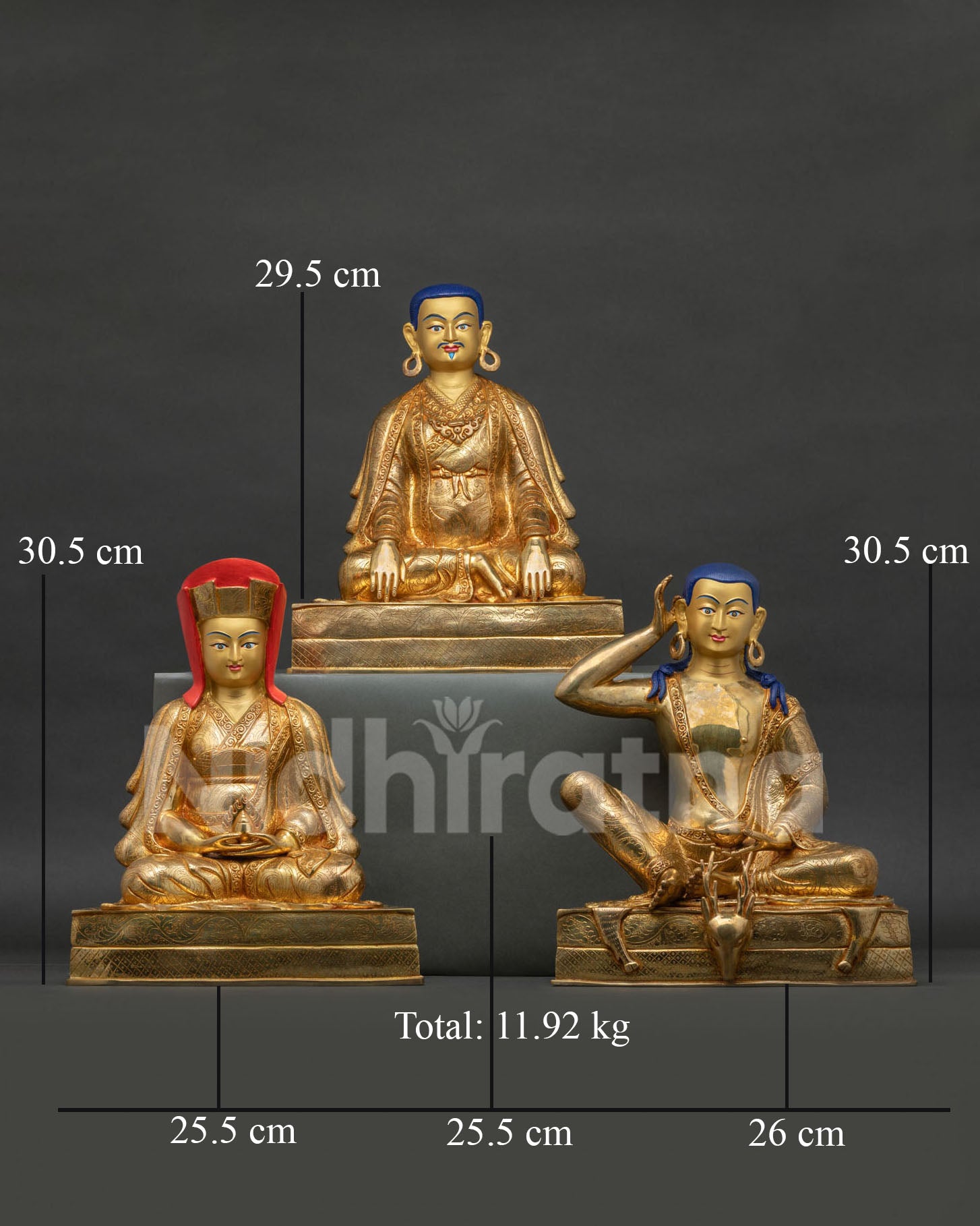 Marpa Gampopa and Milarepa statue set representing the Kagyu Buddhist lineage
