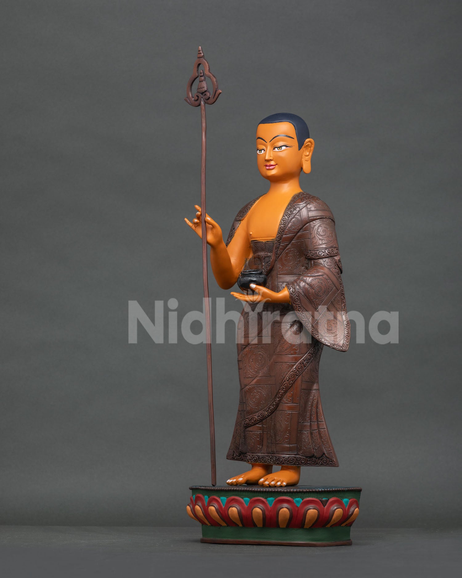 Maudgalyayana copper statue left side view, lotus pedestal base