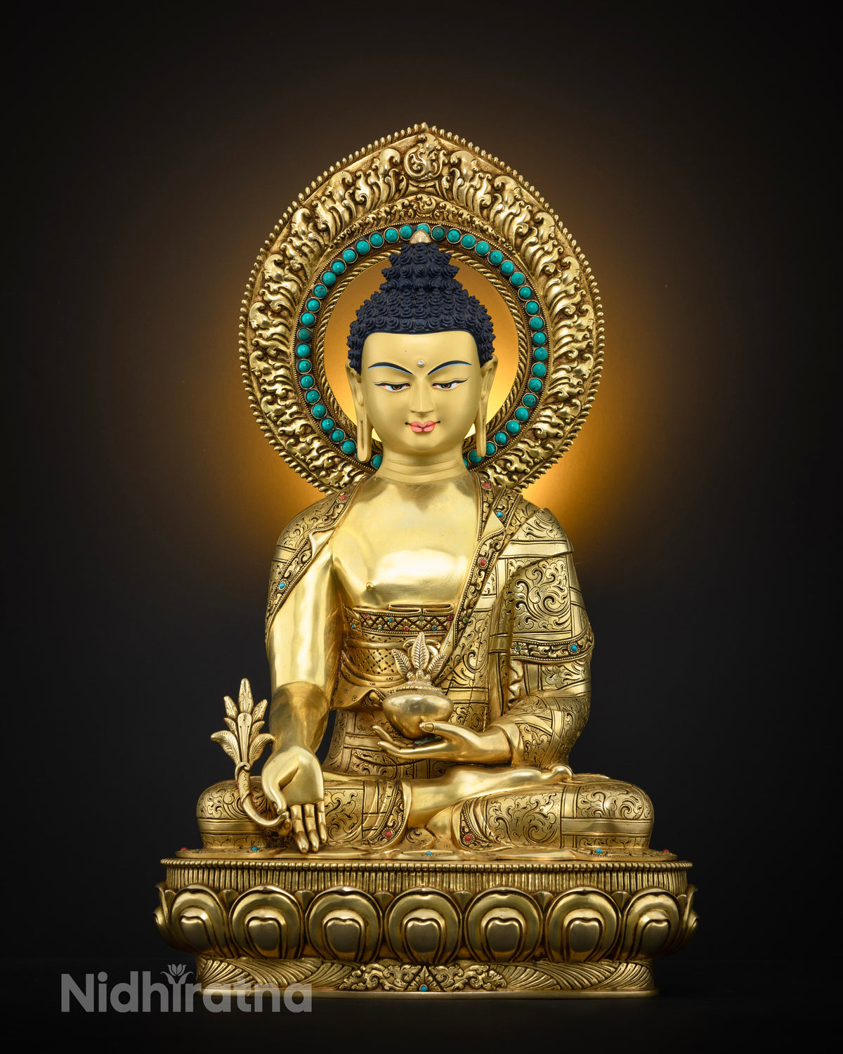 Medicine Buddha Bhaisajyaguru statue front view, gold gilded copper Nepal sculpture