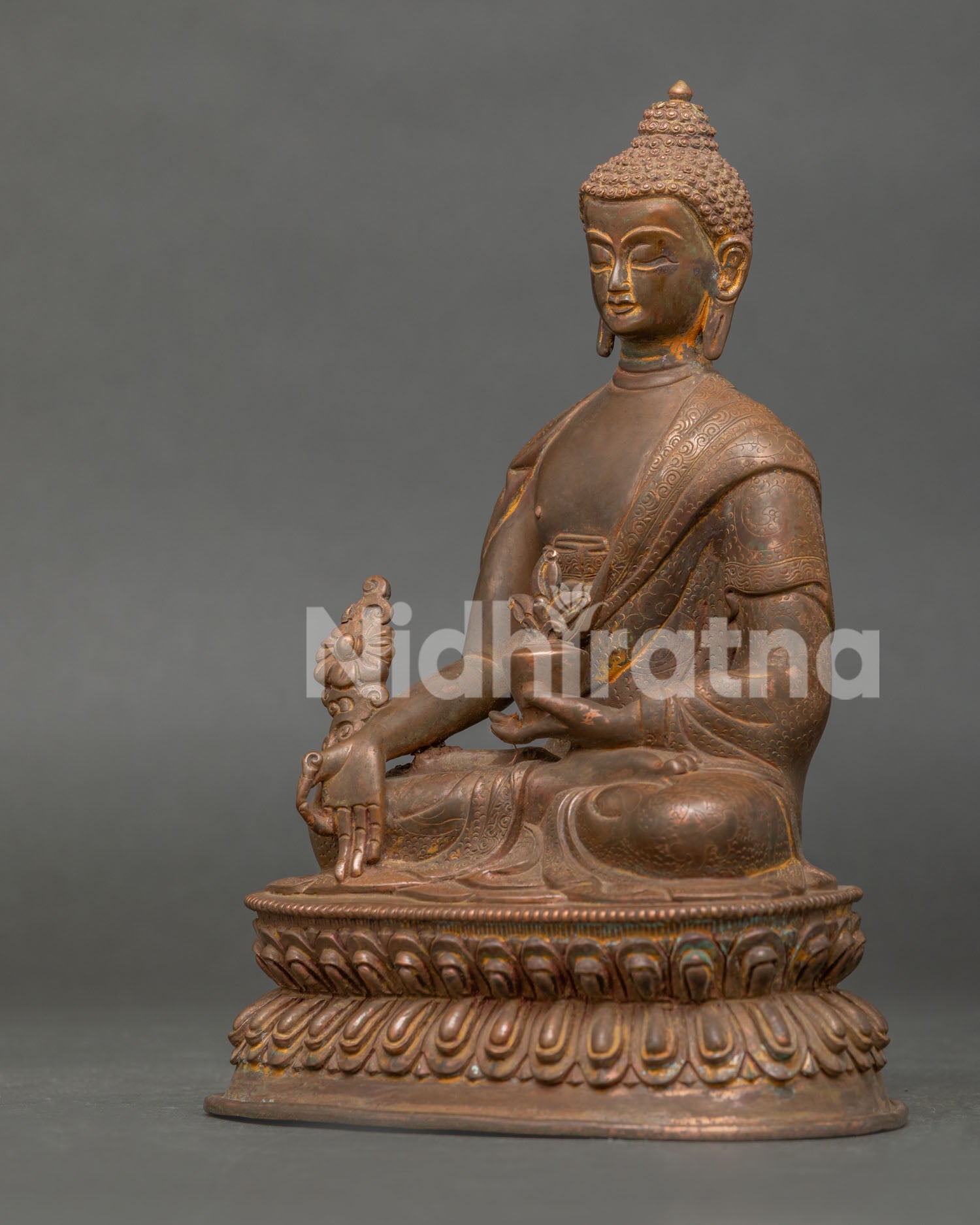 Medicine Buddha Bhaisajyaguru Statue Holding Myrobalan Plant and Medicine Bowl.