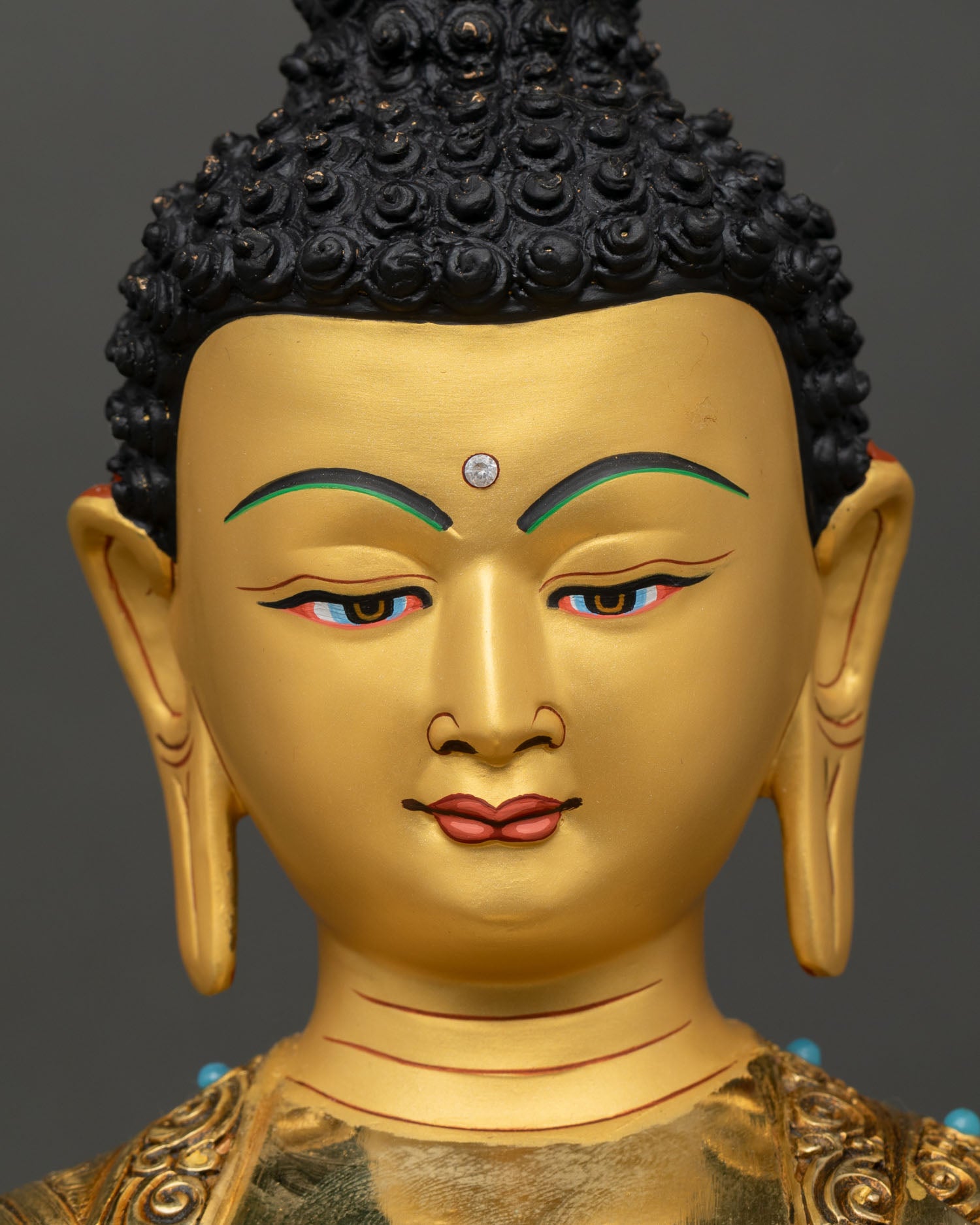Medicine Buddha face close up, serene Bhaisajyaguru expression, healing Buddha with calm spiritual presence