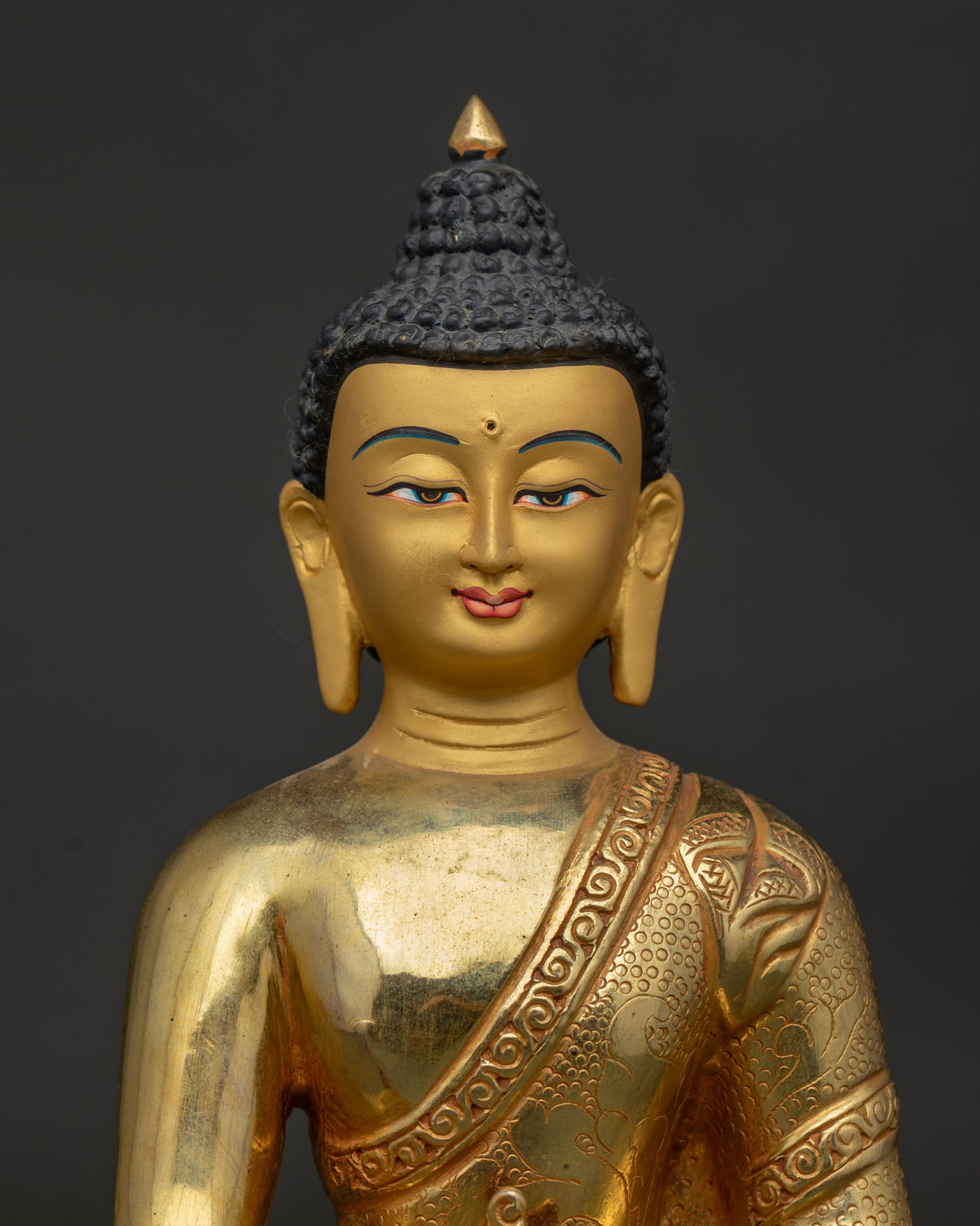 Medicine Buddha Gold Painted Face Holding Healing Nectar Bowl.