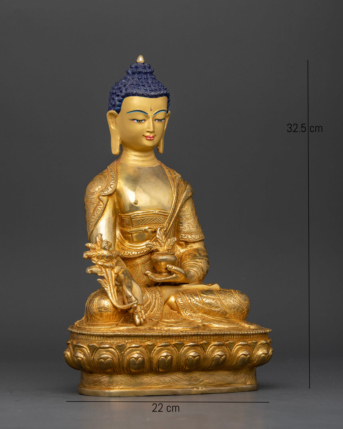 Medicine buddha holding sacred myrobalan plant and healing vessel with medicinal nectar.