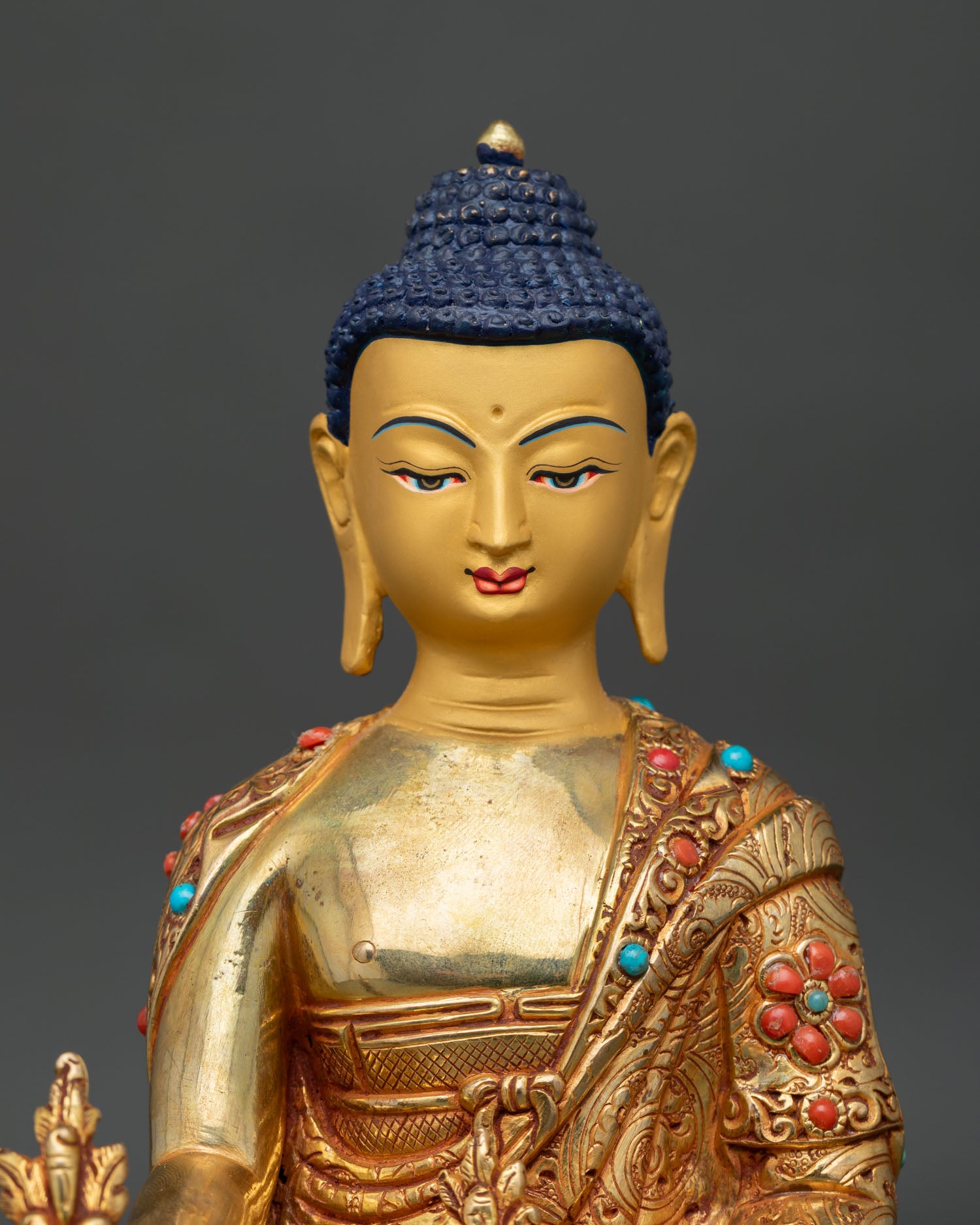 Medicine Buddha Statue for altar with copper gold gilded finish symbolizing healing and compassion
