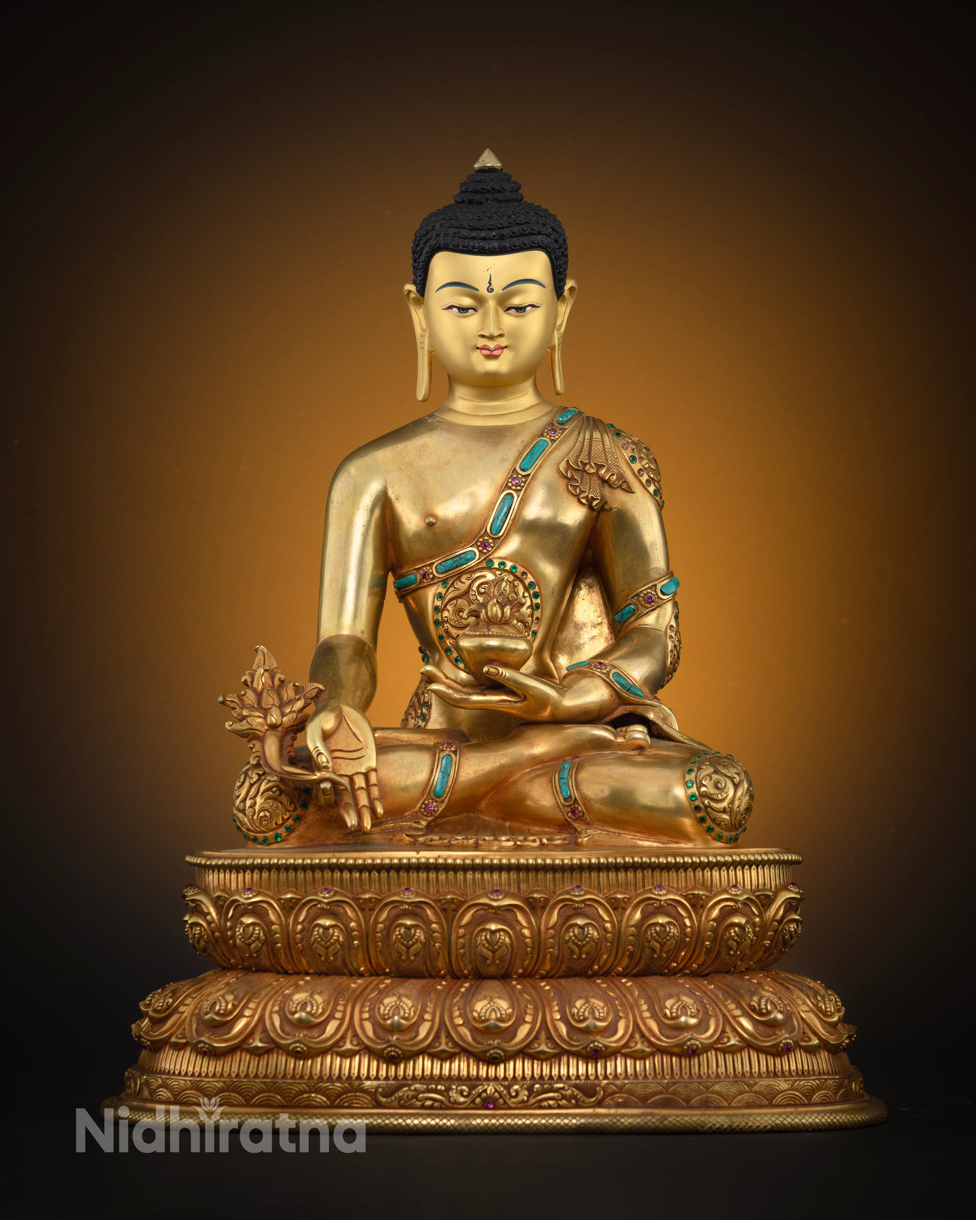 Medicine Buddha statue front view, 24K gold gilded copper, handcrafted Nepalese artisan work