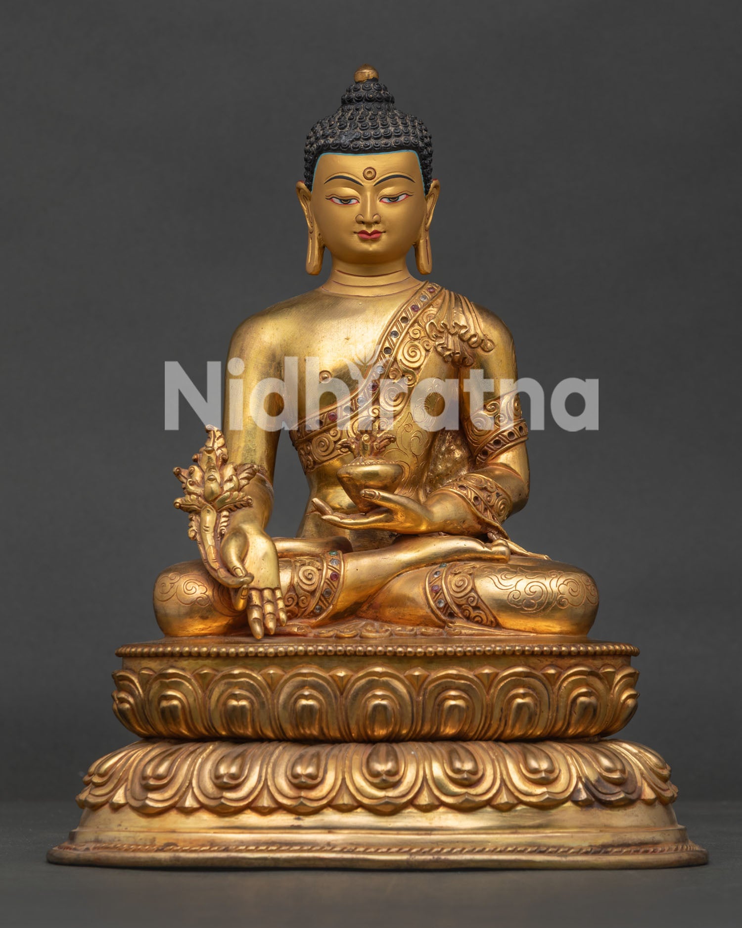 medicine buddha statue front view handcrafted 24k gold gilded copper sculpture from nepal