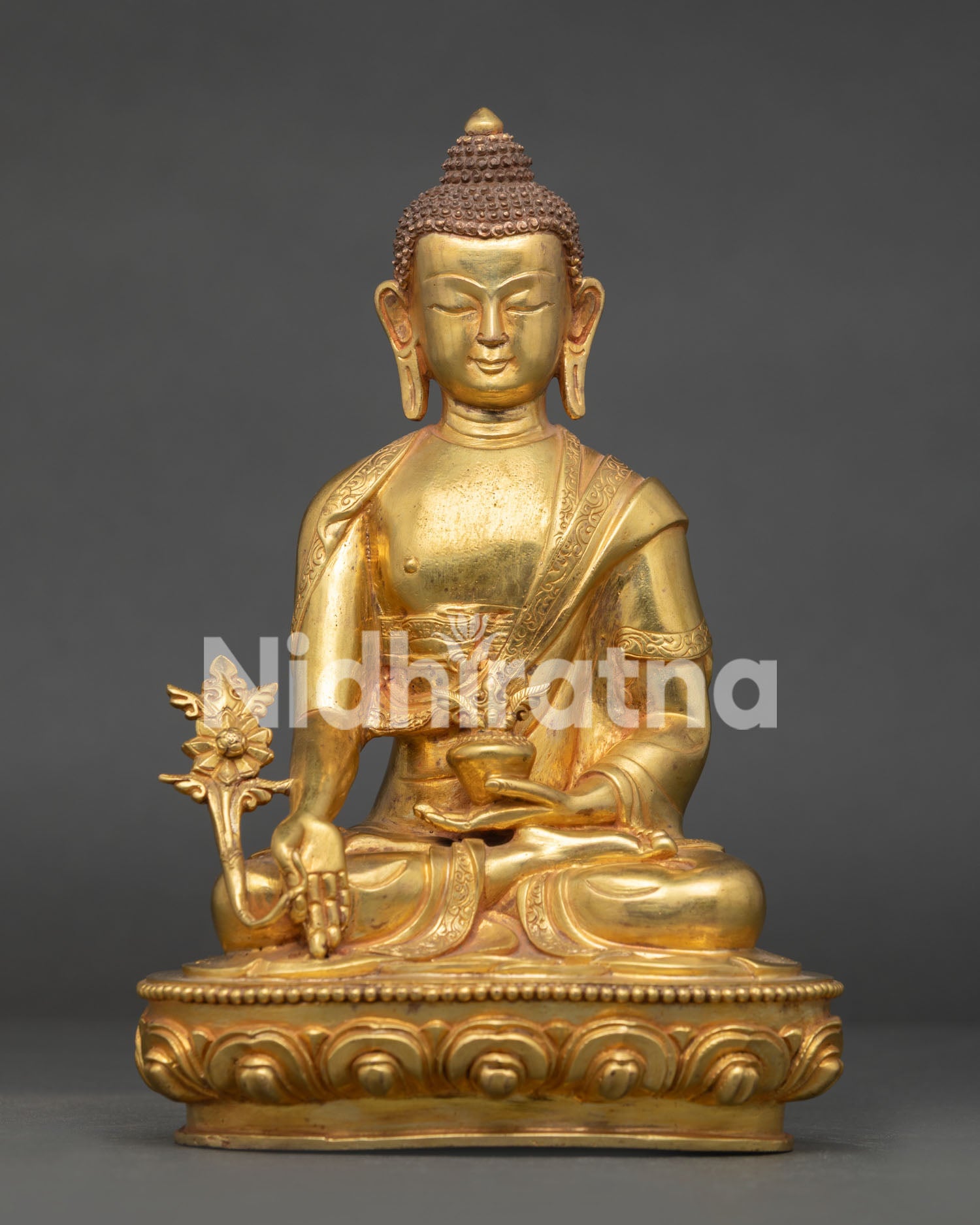 Medicine Buddha Statue handcrafted in Nepal with 24K gold fire gilded copper finish.