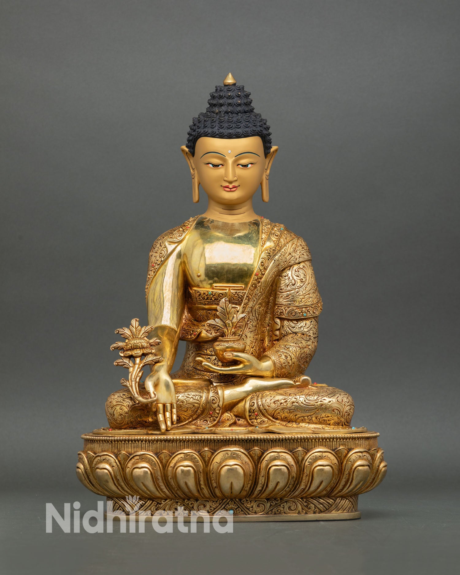 Medicine Buddha statue, handcrafted in Nepal from copper, 24K gold gilded, a Buddhist healing deity seated in the lotus posture, sacred altar sculpture