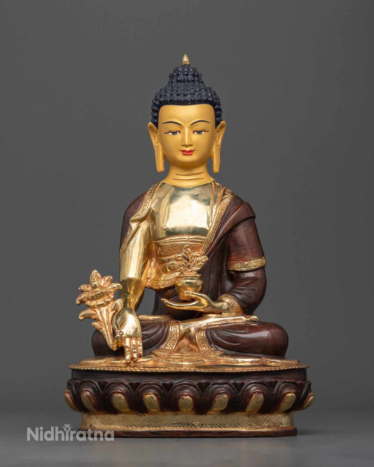 Medicine Buddha statue handcrafted Newari artist Patan Nepal copper partially gold fire gilded 24K gold painted face.