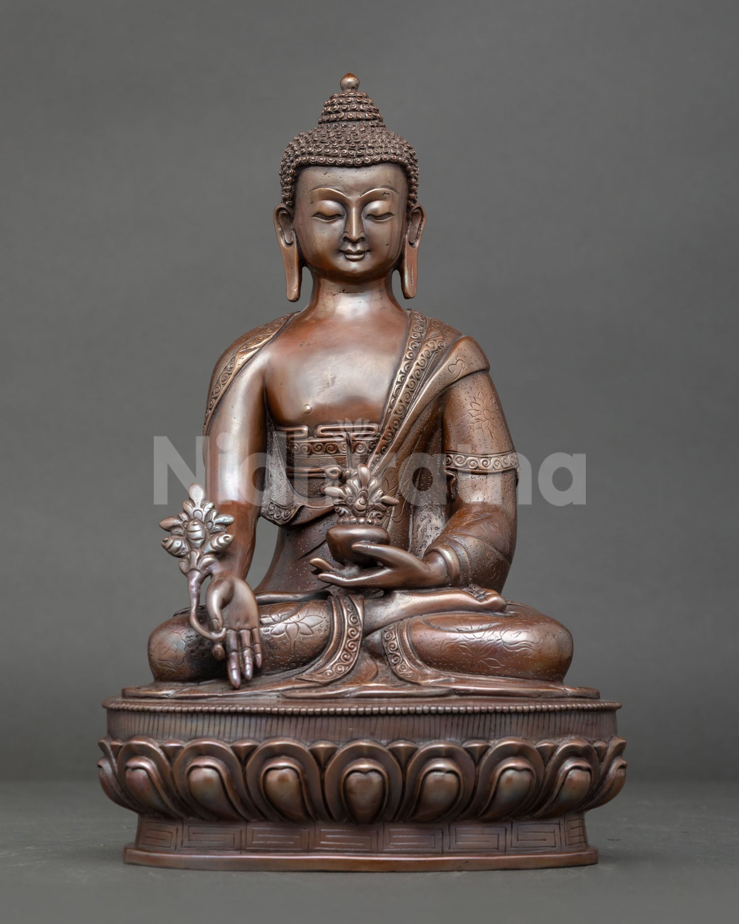 Medicine Buddha Statue, handcrafted oxidized copper, lotus throne, Newari art, Patan, Nepal.