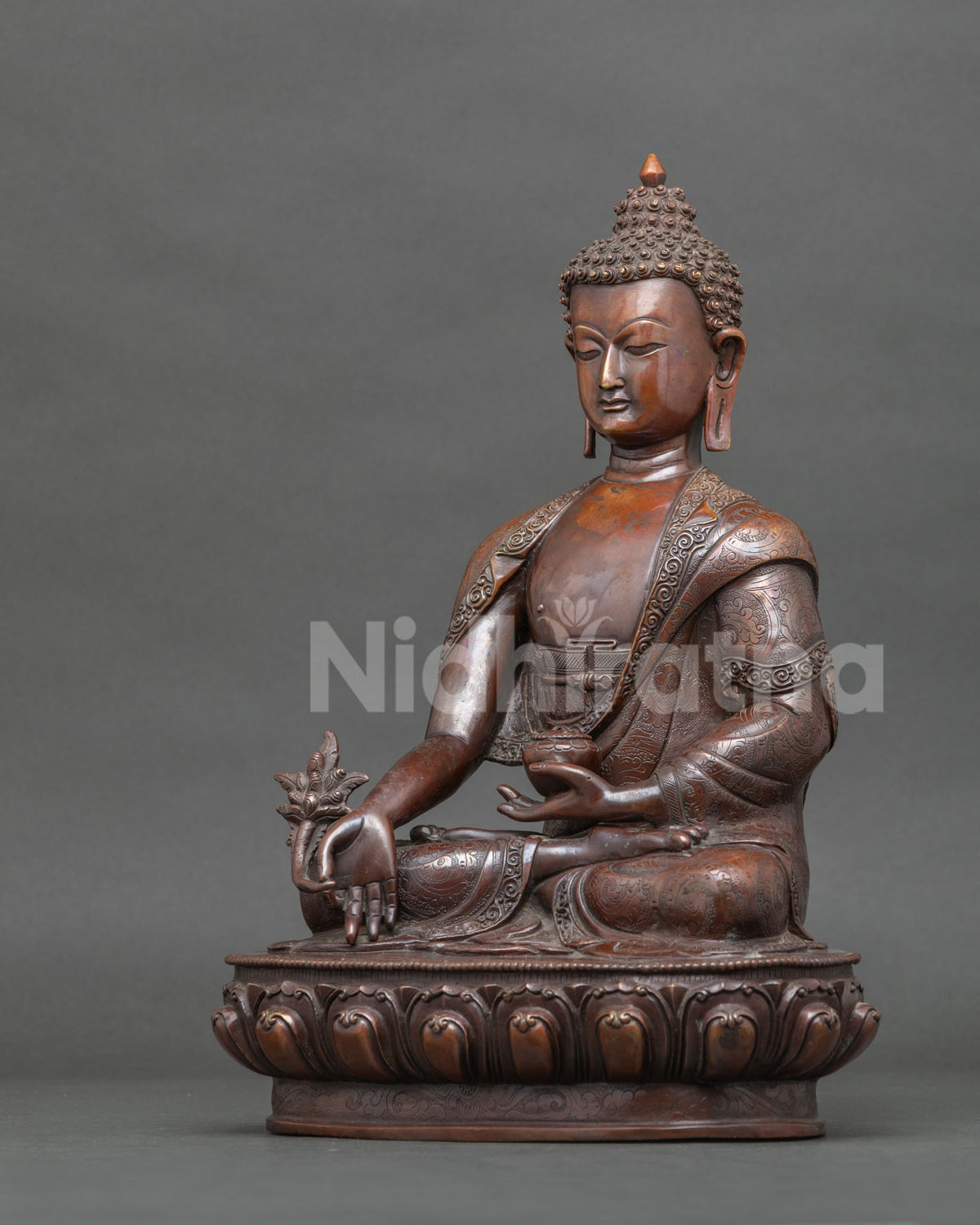 Medicine Buddha statue intricate floral motifs oxidized copper finish.