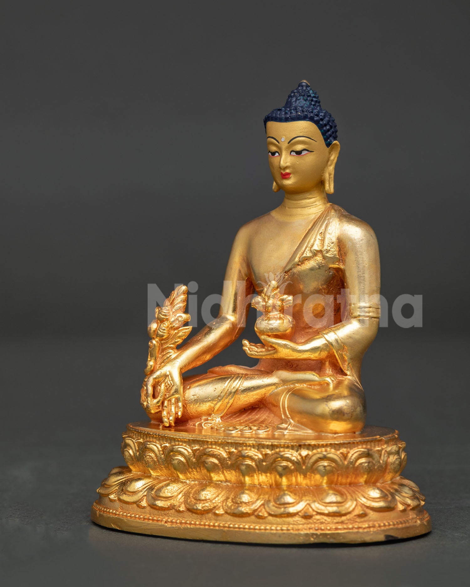 Medicine Buddha statue left view side showing sacred Myrobalan plant and ornate jewelry.