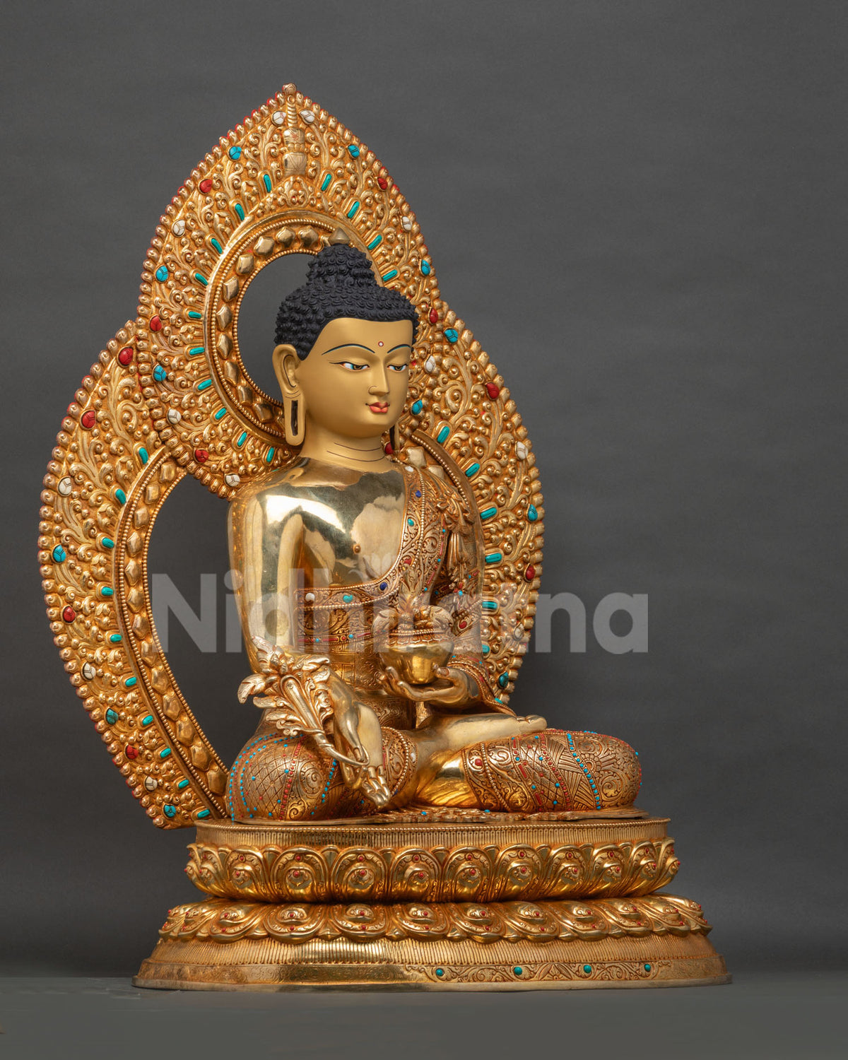 Medicine Buddha Statue Right Side View | Gold-Gilded Copper