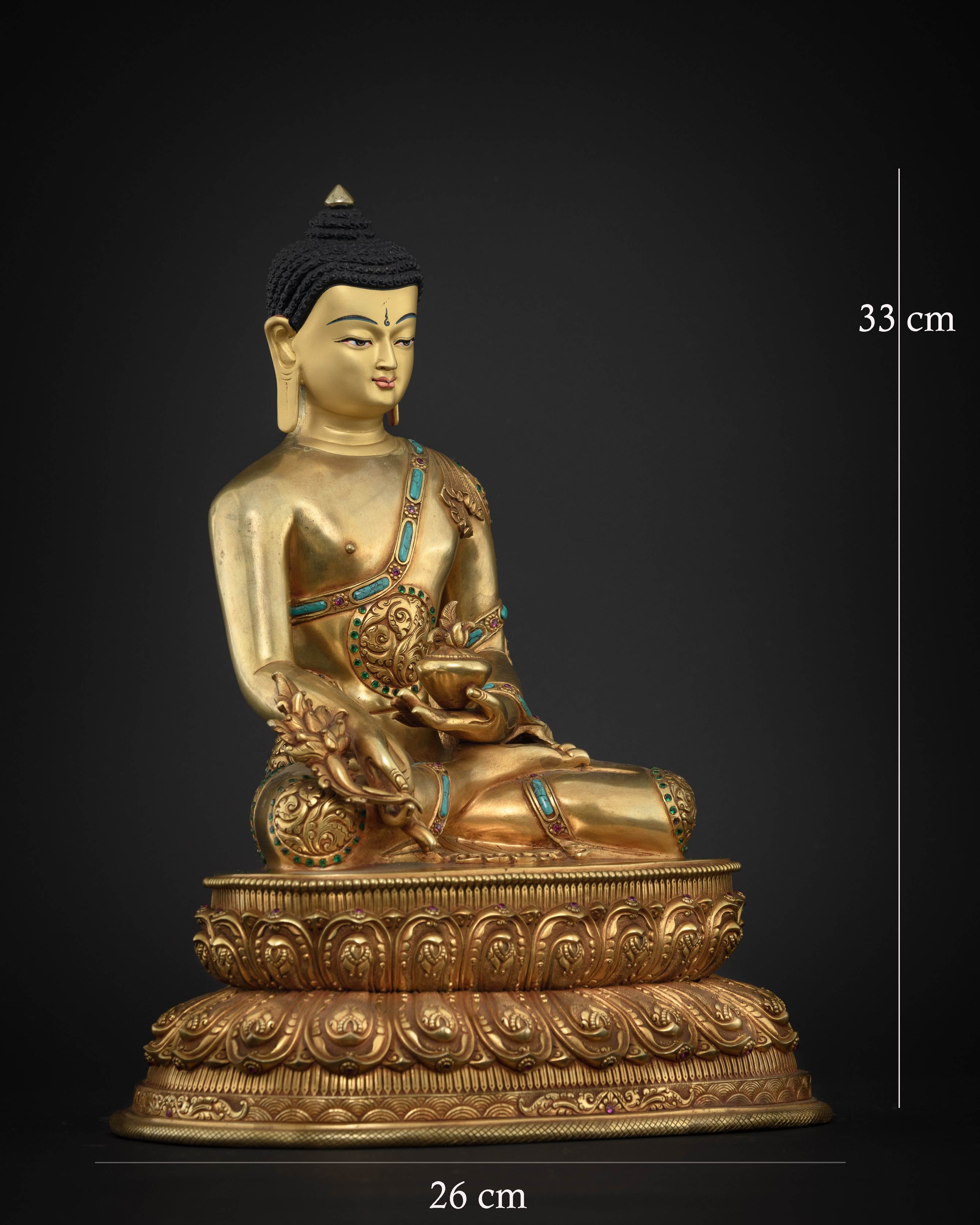 Medicine Buddha statue right side view, lotus pedestal and gold gilded copper detail