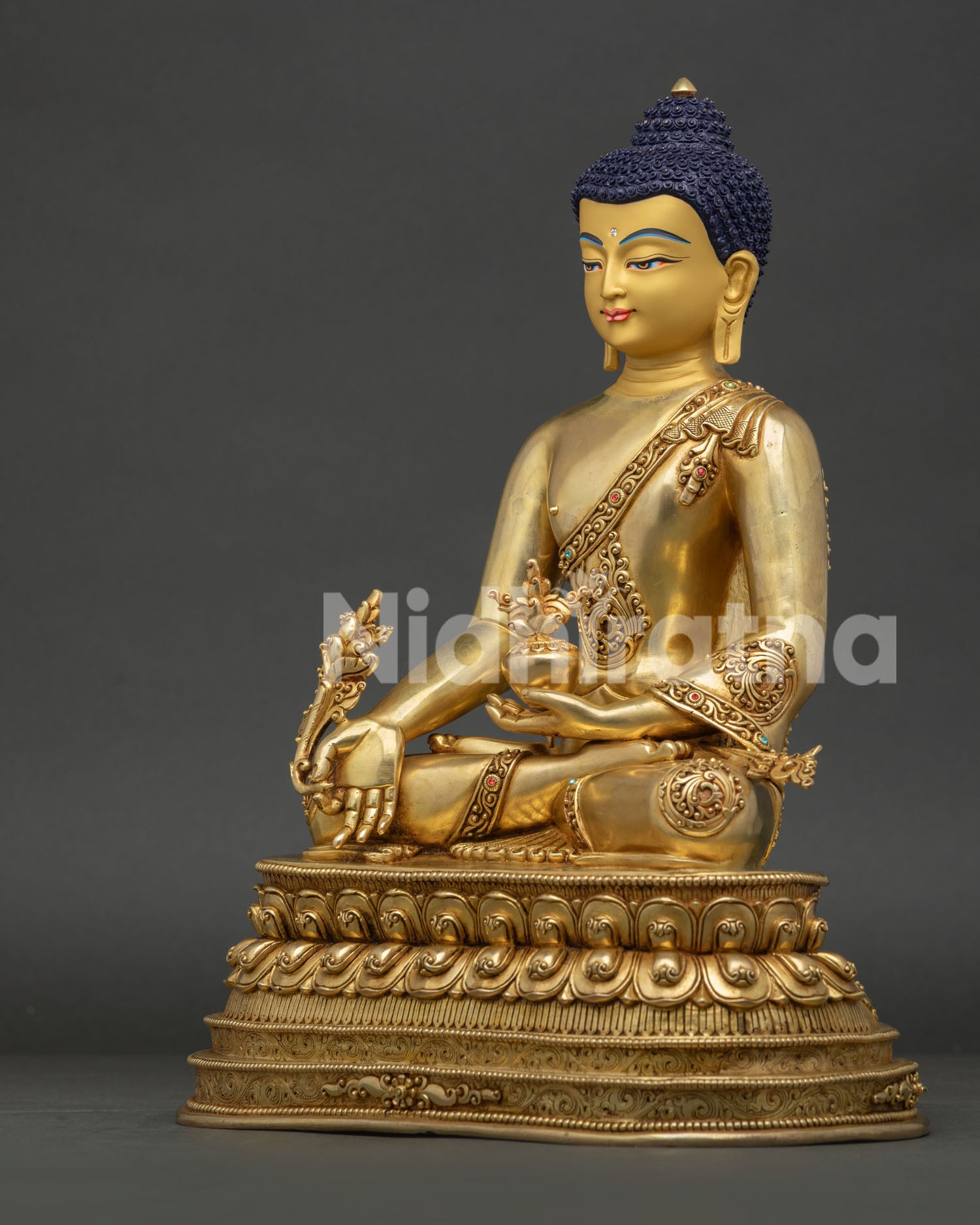 Medicine Buddha Statue with Floral Scrollwork Repoussé Details and Double Lotus Base