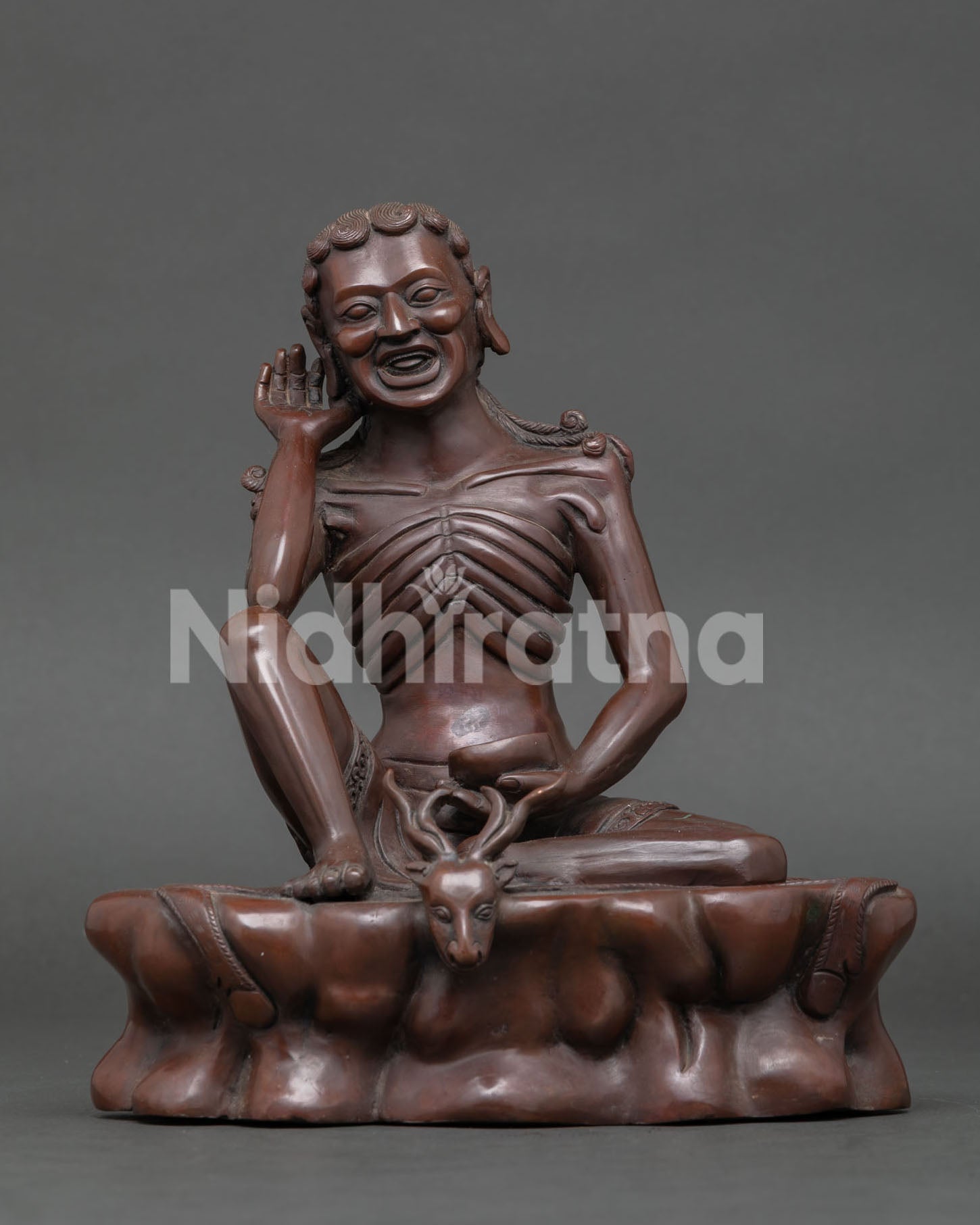 Milarepa statue, handmade in Nepal with oxidized copper finish and serene meditation posture